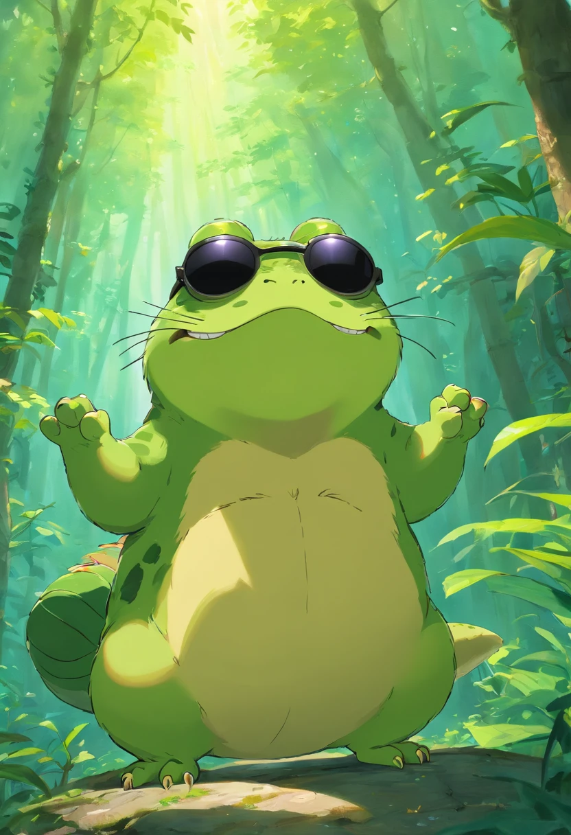 Obra prima de um sapo verde musculoso com grandes punhos, wearing black sunglasses, fazendo pose de luta, mostrando os dentes, manchas pretas na pele, joelheiras de espinho