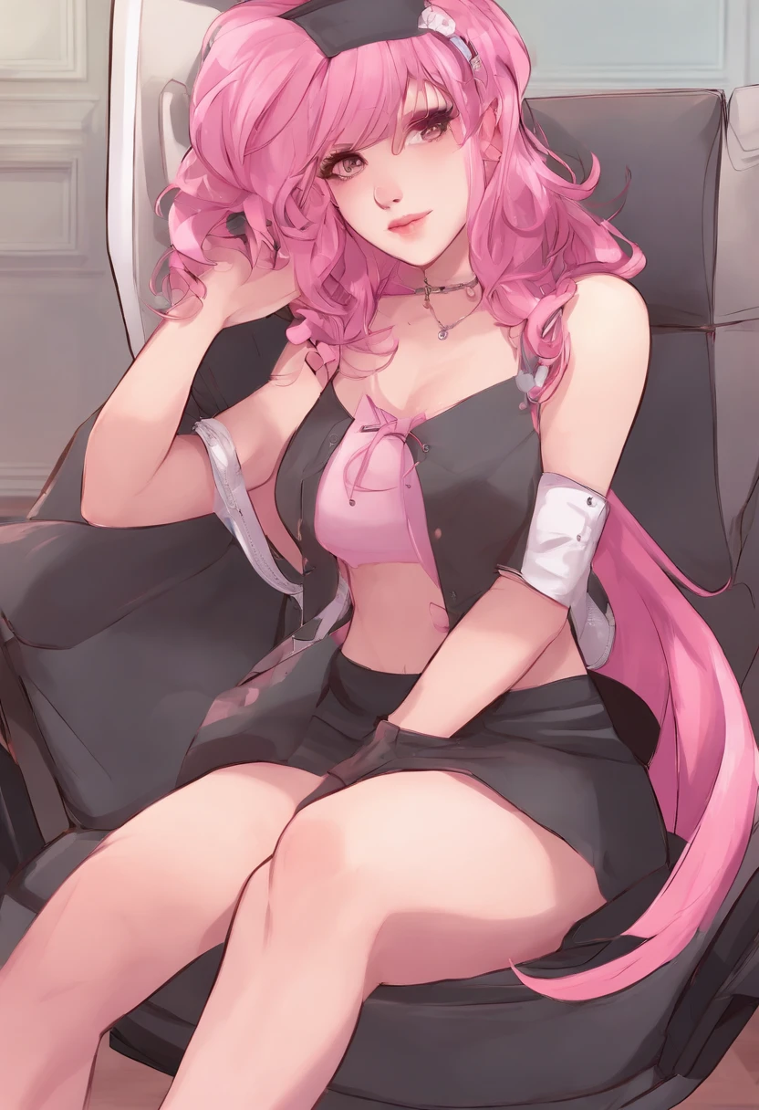 /imagine prompt: Femboy pink hair, sitting in a gamer chair with super short skirt and bra kawai cute femboy femme male