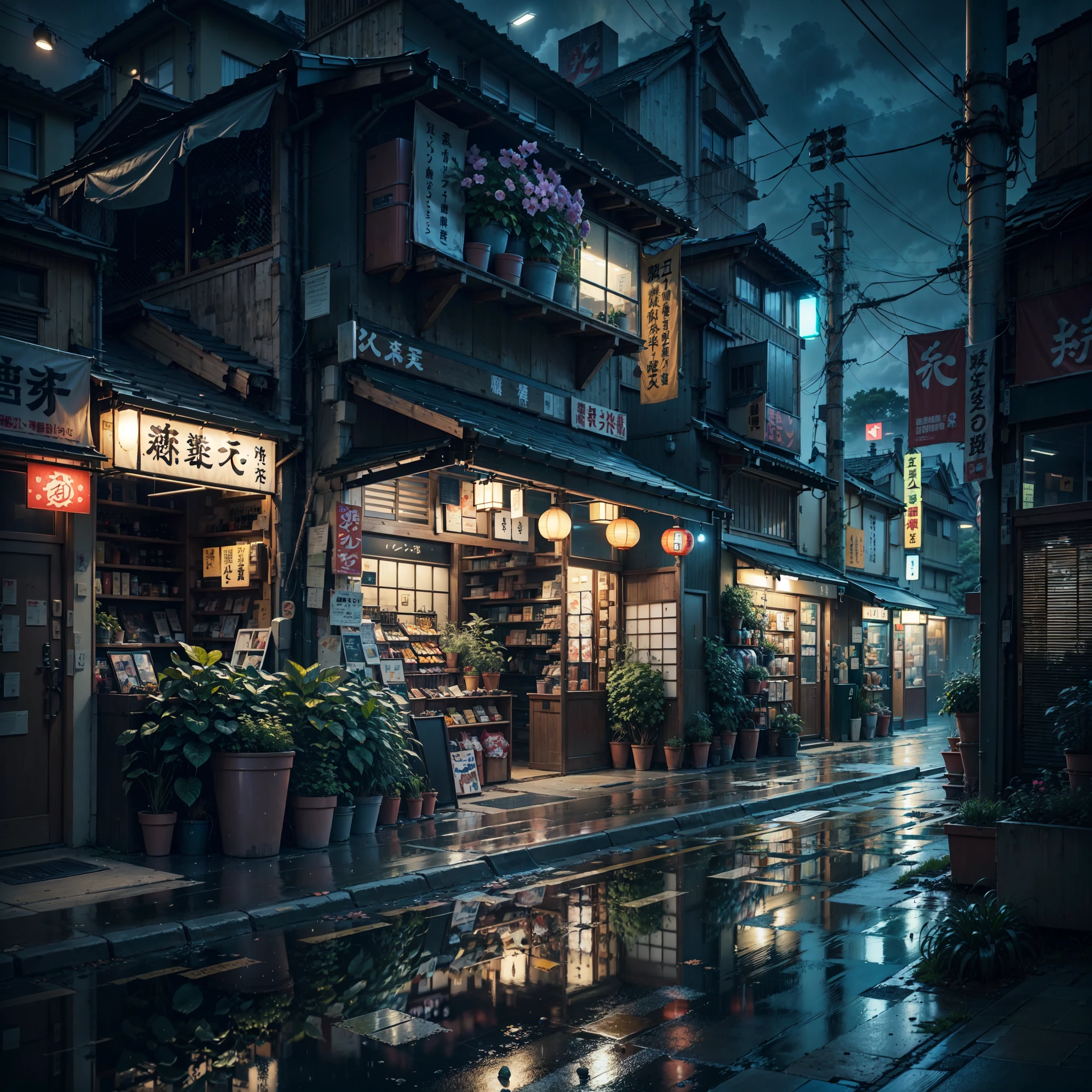 anime background, anime wallpaper, anime scene, anime scenery, anime style, anime vibe, anime, japan, high details, best quality, masterpiece, tiny details, high detail, many details, sparkle, super detail, narrow japanese urban street, japanese shop signs, japanese signs, japanese banners, banners, plant pots, plants, trees, grass, cobble path, trash cans, nigh time, dark, street lights,, (realistic,photorealistic:1.37), narrow anime street, urban, compact, japanese convience store, glass windows, shop signs, billboards, street lights, street lamps, night time, dark, midnight, (best quality,4k,8k,highres,masterpiece:1.2),ultra-detailed, lofi, lofi vibe, lofi stlye, night time, dark, dramatic weather, raining, heavy rain, puddles, rain drops, modern japanese architecture, no one in sight, (no one: 1), Conceptual art, anime, anime style, sparkle, glowing light, reflection light, cinematic lighting, UHD, masterpiece, super detail, high details, high quality, best quality, highres