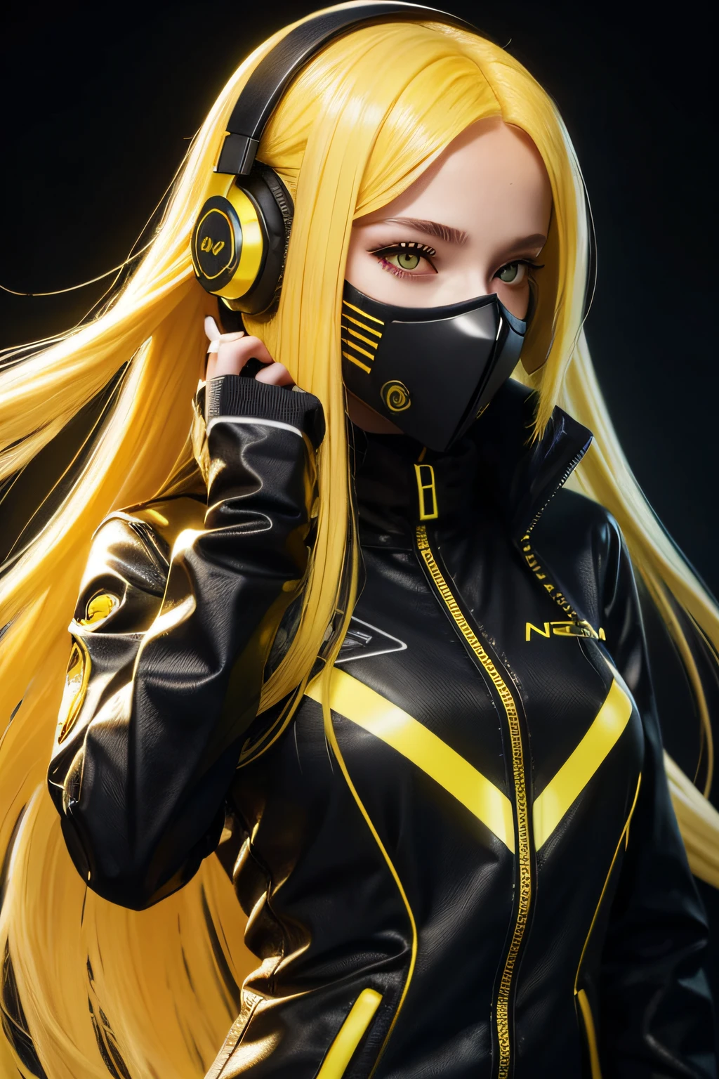 girl with long yellow hair, yellow eyes, futuristic vibes, mask on mouth, headphones, 8k, high quality, simple background, glowing eyes, nice pose