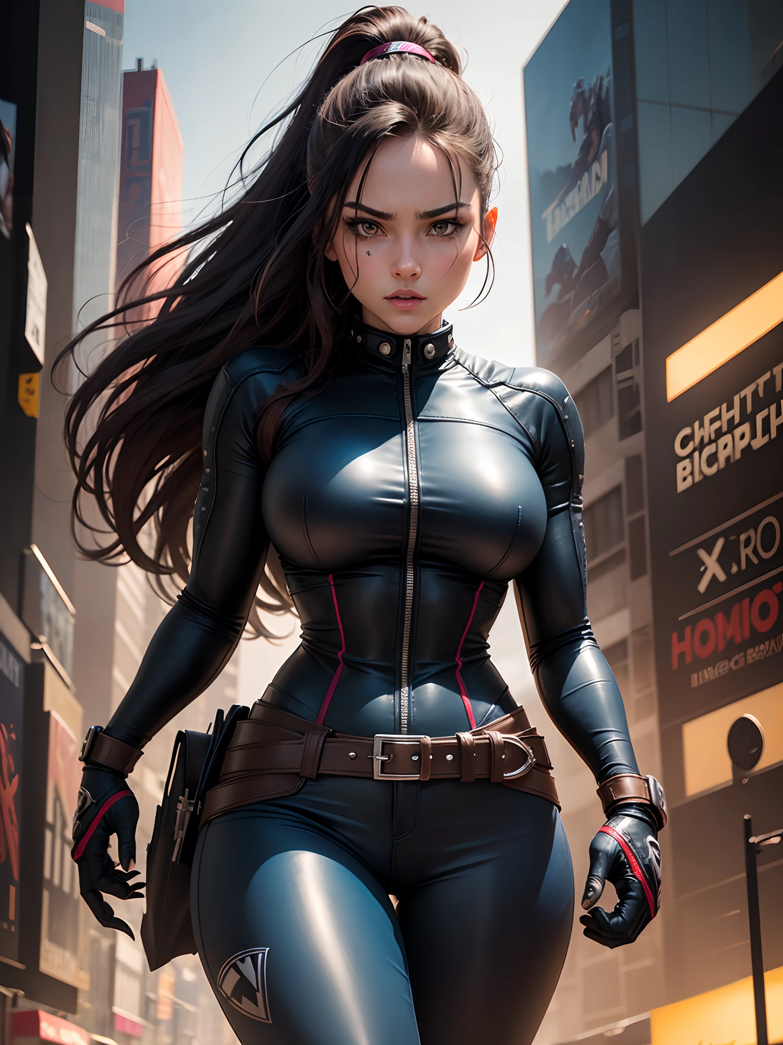 Woman, 20 years old, three long claws measuring 30 cm protruding from each hand, Wolverine style, a fictional character that appears in Marvel Comics, mainly in association with the X-Men. He is a mutant who has sharp senses, enhanced physical capabilities, a powerful regenerative ability known as a healing factor and three 30cm long metal claws coming out of each hand. belt with X style x-men. In New York, time square, (athletic body: 1.4), (tight leather jacket and x-men style pants: 1.4), (hanging breasts: 1.3), (full breasts: 1.4), (Spot on one eye: 1.3 ), (realism: 1.5), (Realisitc: 1.4), (Absurdity: 1.4), 8k, ultra detailed, Detailed beautiful woman, (Only one: 1.5), 1 girl, (Viewer facing: 1.2),