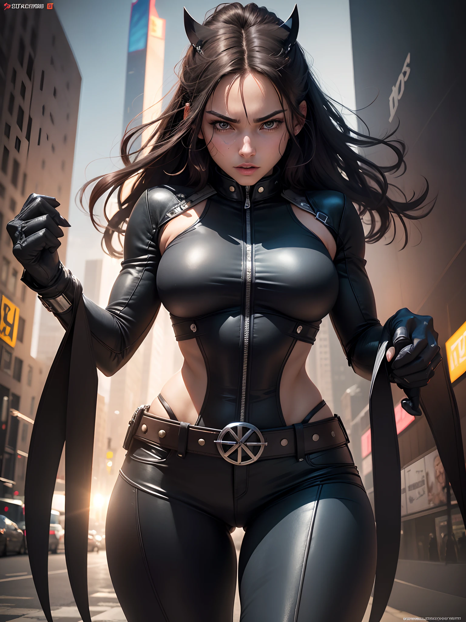 Woman, 20 years old, three long claws measuring 30 cm protruding from each hand, Wolverine style, a fictional character that appears in Marvel Comics, mainly in association with the X-Men. He is a mutant who has sharp senses, enhanced physical capabilities, a powerful regenerative ability known as a healing factor and three 30cm long metal claws coming out of each hand. belt with X style x-men. In New York, time square, (athletic body: 1.4), (tight leather jacket and x-men style pants: 1.4), (hanging breasts: 1.3), (full breasts: 1.4), (Spot on one eye: 1.3 ), (realism: 1.5), (Realisitc: 1.4), (Absurdity: 1.4), 8k, ultra detailed, Detailed beautiful woman, (Only one: 1.5), 1 girl, (Viewer facing: 1.2),