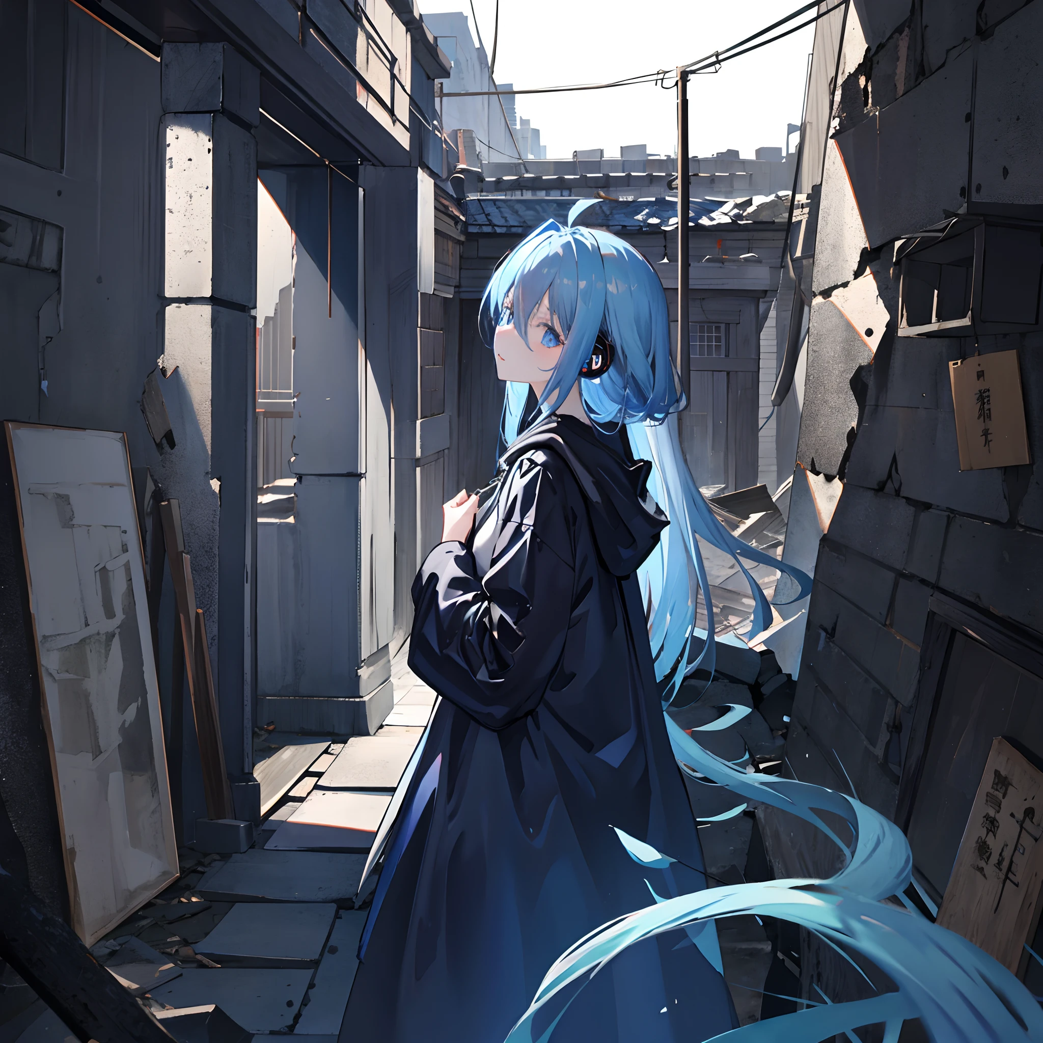 (masuter piece、8K、side lights、ultra-detailliert、inely detailed beautiful eyes: 1.2)、1girl in、bags、buliding、from side、headphones、hoods、hood down、hooded jacket、Black hoodie、jaket、Long、lightblue hair、profile、Light blue eyes、独奏、top-quality、ruins、Ruined rooftop、blue-sky、