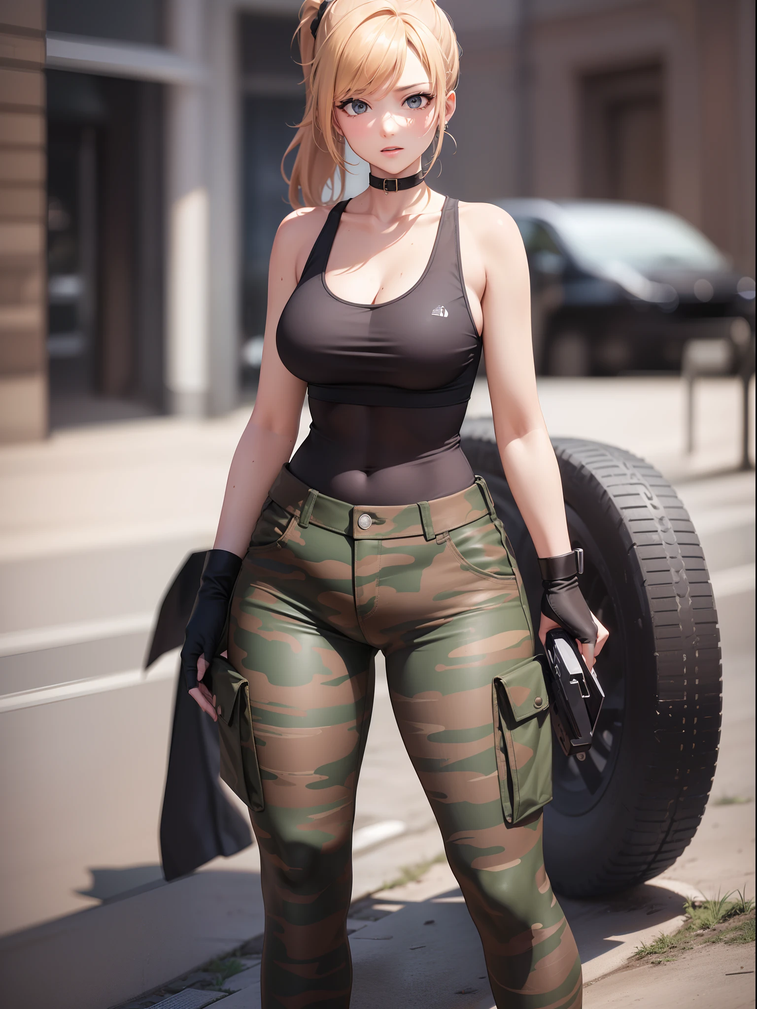 ((Finest quality)),(超A high resolution),(ultra-detailliert),Art with astounding depictions,(full body seen), (1人の女性,flaxen ponytail),Camouflage pattern tank top,perspiring,dirty body:1.2,
