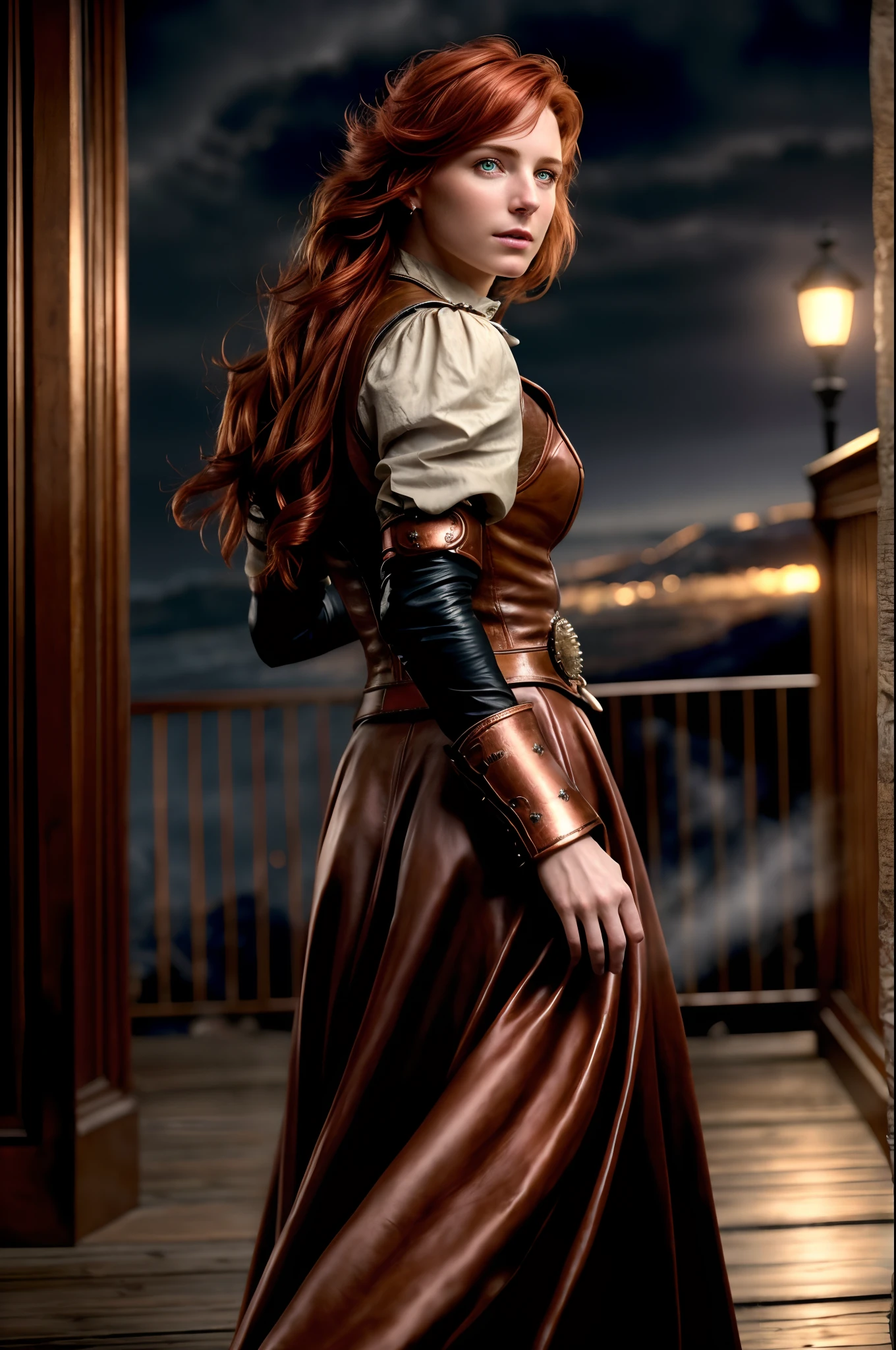 masterpiece, realistic, Photorealistic, ultra detailed, 8K, Raw photo, depth of field, Realistic light, Cinematic composition, skyscape with clouds, nightfall, depth of field, 35 mm, soft steampunk aesthetic, Kate Walker, full length portrait, short windblown skirt, smudge outline, like a "Syberia" game, cute sexy, pleasure, depth of field, (Focus: 1.2), dark atmosphere, cinematic lighting, detailed face and skin texture, fine eyes, copper hair colour, action movie style, faded colours