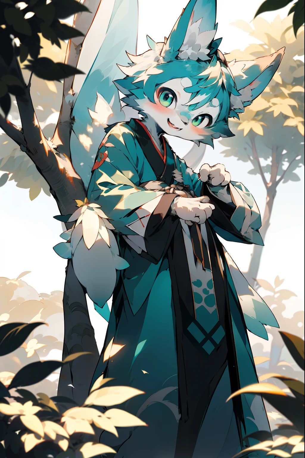 depth of fields，lighting perfect，light particules，（best qualtiy），（tmasterpiece），（ultra - detailed），Sharp focus，light particules，niji，eyesgod，Blushlush，blue green gradient_eyes，looking_at_viewer，smile，solo，furry，animal_ear_fluff，open_clothes，Arms back，The upper part of the body，coda，Hanfu，Chinese style clothes，rays of sunshine，The tree，with her mouth open，from below，Arms back，