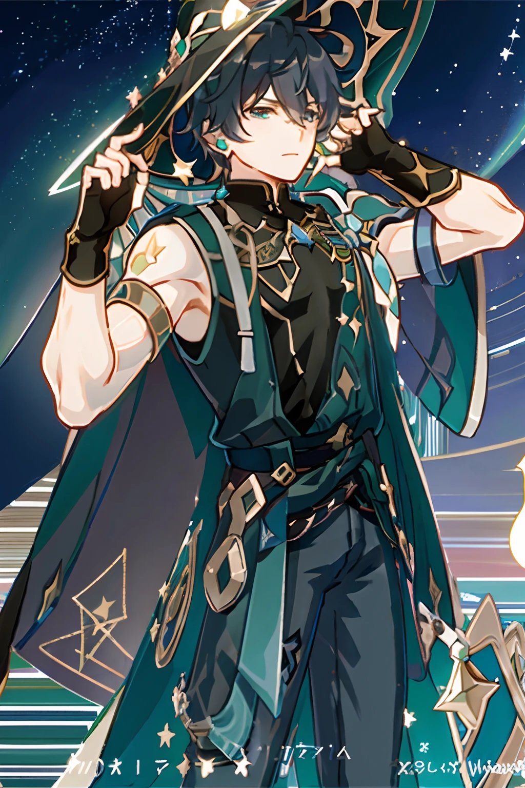 ((masterpiece:1.2, best quality)), 1 man, solo, (witch hat), blonde hair, short hair, , aurora, night, star (sky), gloves, sky, night sky, open mouth, starry sky, blue eyes, smile, hair ribbon, cape, blue hair, (bird), magic, casting spell, dark clouds, night, (impressionism:1.4), (tarot:1.3), alphonse mucha, masculine, muscle