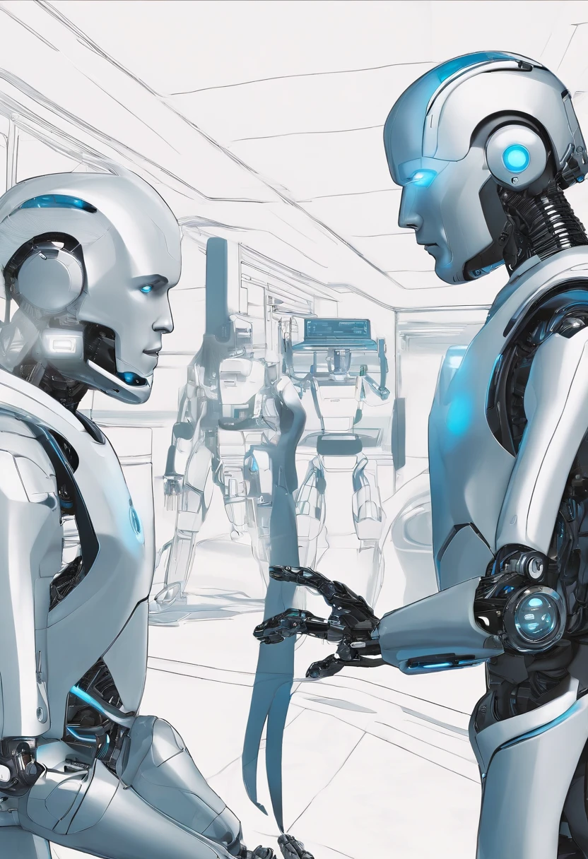 photo of a sleek, modern robot with glowing blue eyes and a human male with dark hair, both standing side by side in a well-lit room, engaged in a deep conversation. The robot's hand gestures mimic human-like expression while the human listens intently.