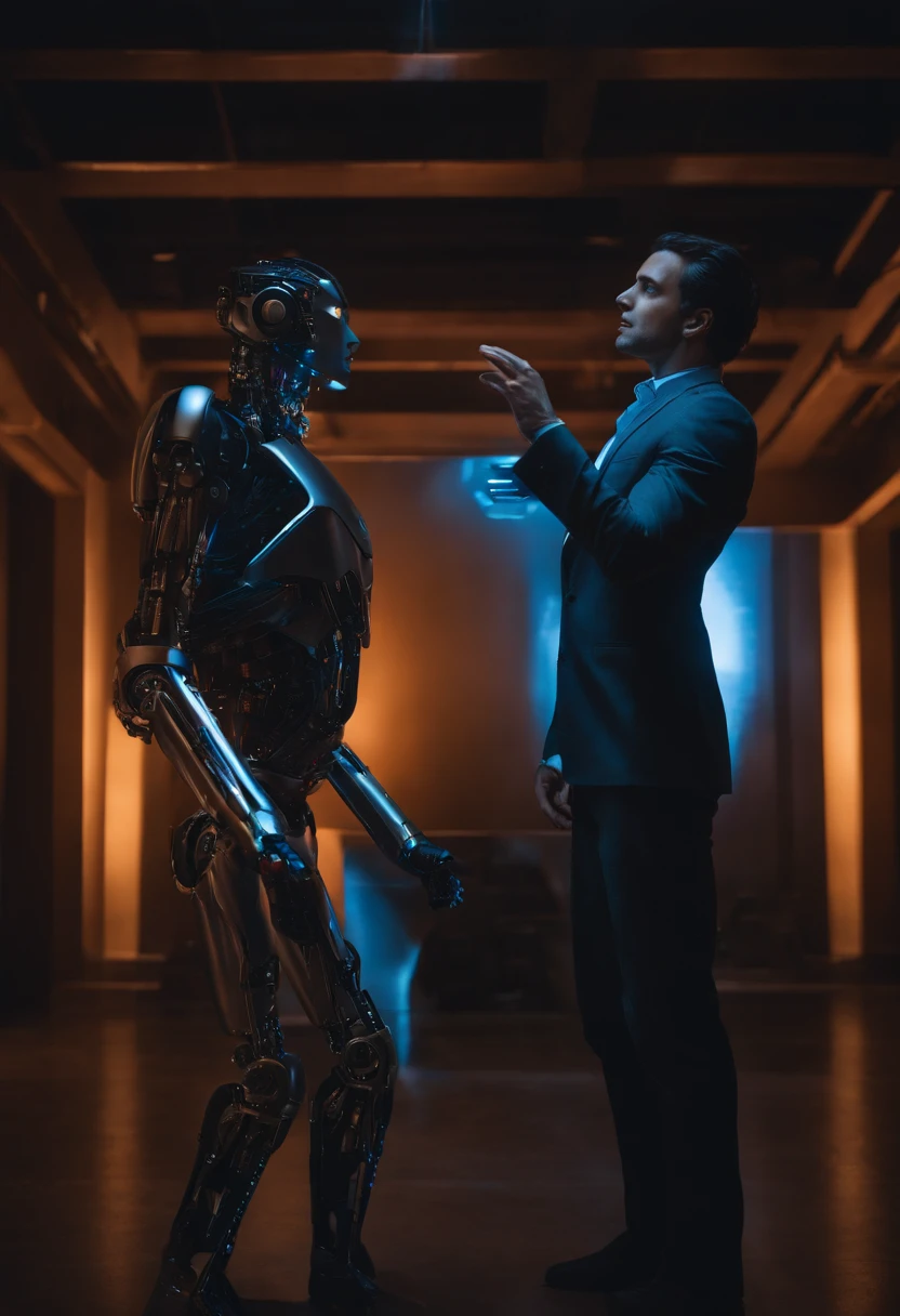 photo of a sleek, modern robot with glowing blue eyes and a human male with dark hair, both standing side by side in a well-lit room, engaged in a deep conversation. The robot's hand gestures mimic human-like expression while the human listens intently.
