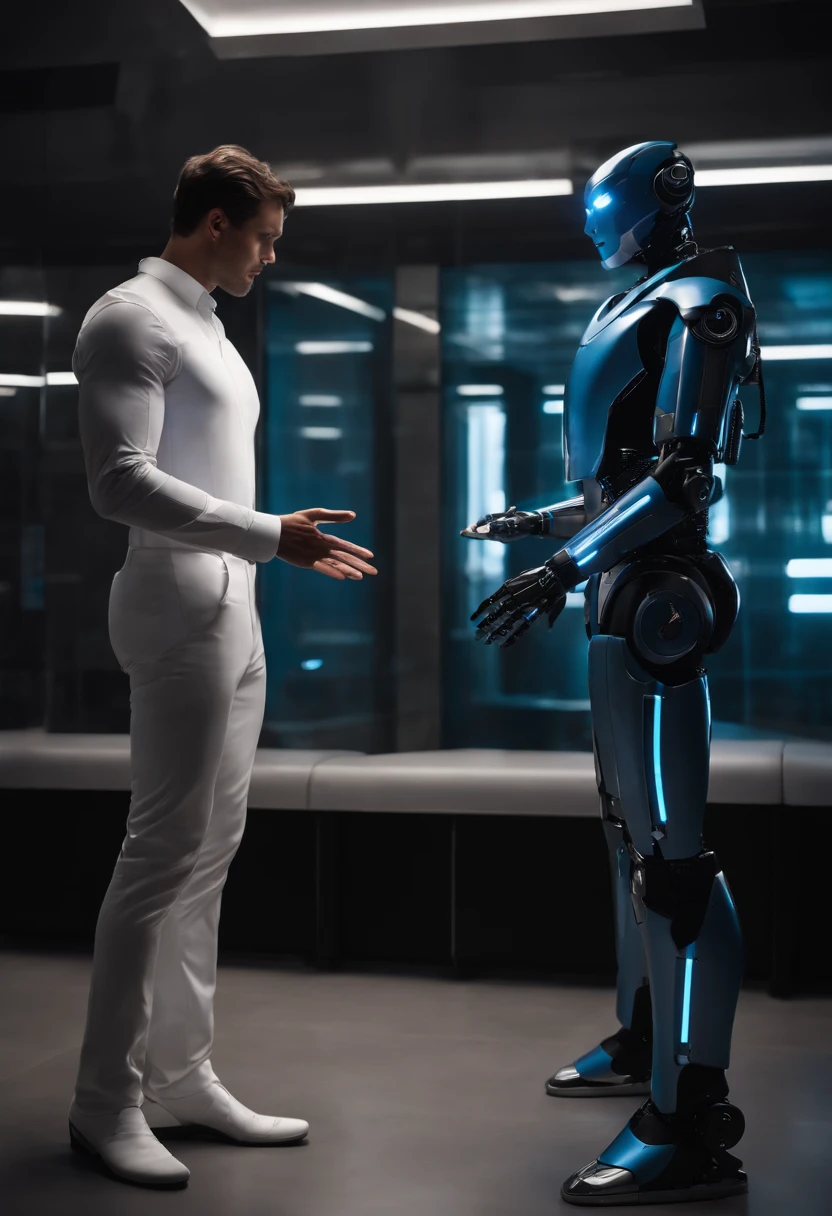 photo of a sleek, modern robot with glowing blue eyes and a human male with dark hair, both standing side by side in a well-lit room, engaged in a deep conversation. The robot's hand gestures mimic human-like expression while the human listens intently.