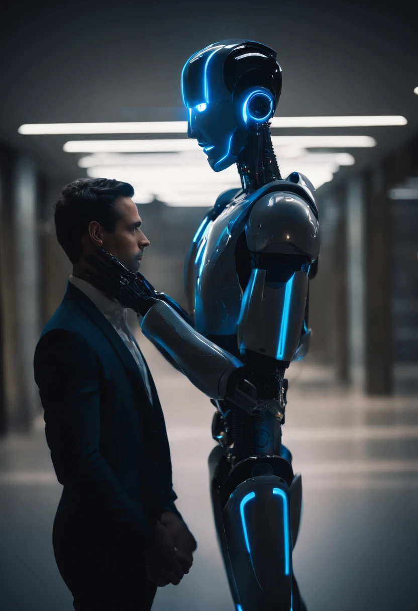 Create an image depicting a humanoid robot arresting a human. The setting should be a futuristic, high-tech environment with sleek, metallic surfaces and advanced technology. The humanoid robot should be designed with a formidable, yet human-like appearance, featuring advanced robotic limbs and an authoritative stance. It should be shown restraining or handcuffing a human, who appears either distressed or resigned. The scene should include visual elements like futuristic arrest equipment, glowing lights, and a control panel or monitoring system in the background. The overall atmosphere should convey a sense of technological control and the stark contrast between the cold, mechanical nature of the robot and the vulnerability of the human.








