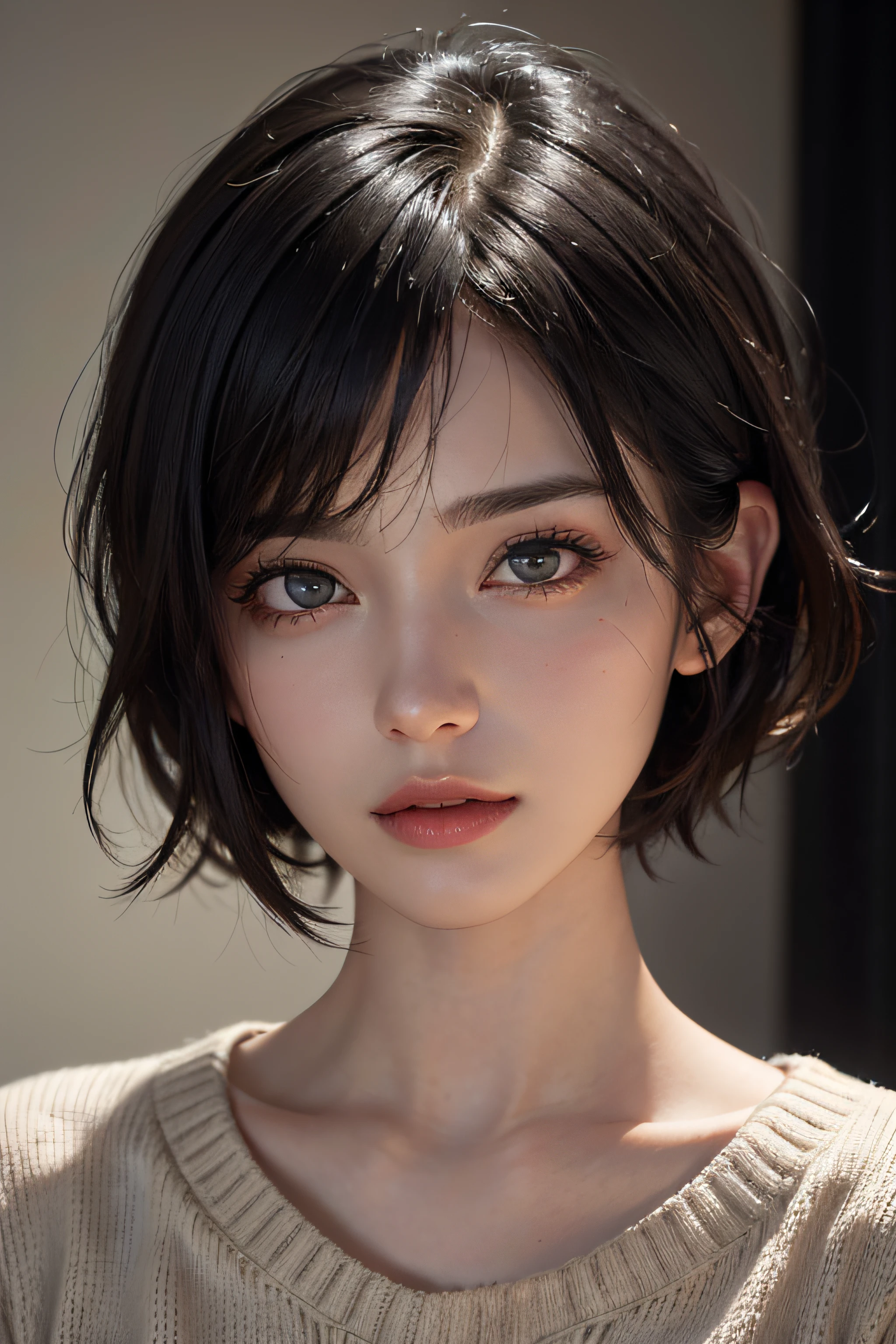 masterpiece, best quality, ultra-detailed, facing the camera head on, intricately detailed hyperdetailed, realistic, sharp features, highly detailed, sharp focus, perfect face, perfect face, perfect symmetrically perfect eyes, perfect full lips, flexible female form, cinematic, film light, hyper detailed, hyper realistic, masterpiece, atmospheric, high resolution, vibrant, dynamic studio lighting, nsfw, ((Dark background)), Sexy face, Facial expressions when receiving pleasure, straight Bangs, blue Eyes, black sweater, freckles,