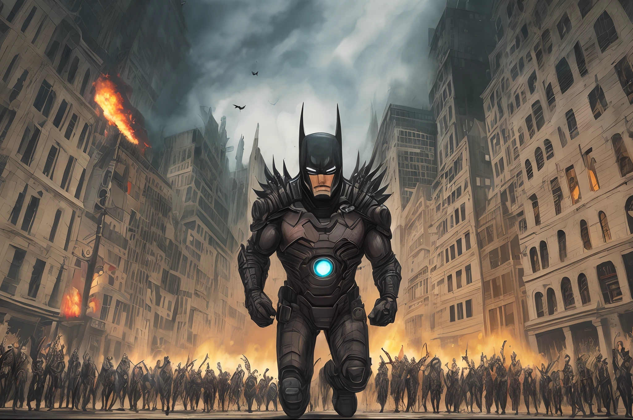 swarm of horrible and scary Ironman gang battle creepy batman gang , invade city, mob running away, city onfire and smoking, in the style of tim burton, john kenn mortensen and leonora carrington, bizzarre, wacky, mixed media, surrealism painting, a journey into my imagination, detailed, elegant, intricate, 4 k, scary painting --auto --s2