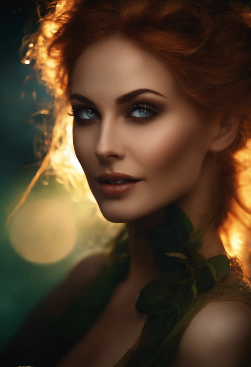 1fille, Cheveux volants, yeux verts, Fire Witch, sang sur le visage, Light particles, rayons de foudre, wallpaper, colourfull, high contrast, vampire, smirk, sourire diabolique, sourire psychopathe, Sourire psychopathe, tilted head