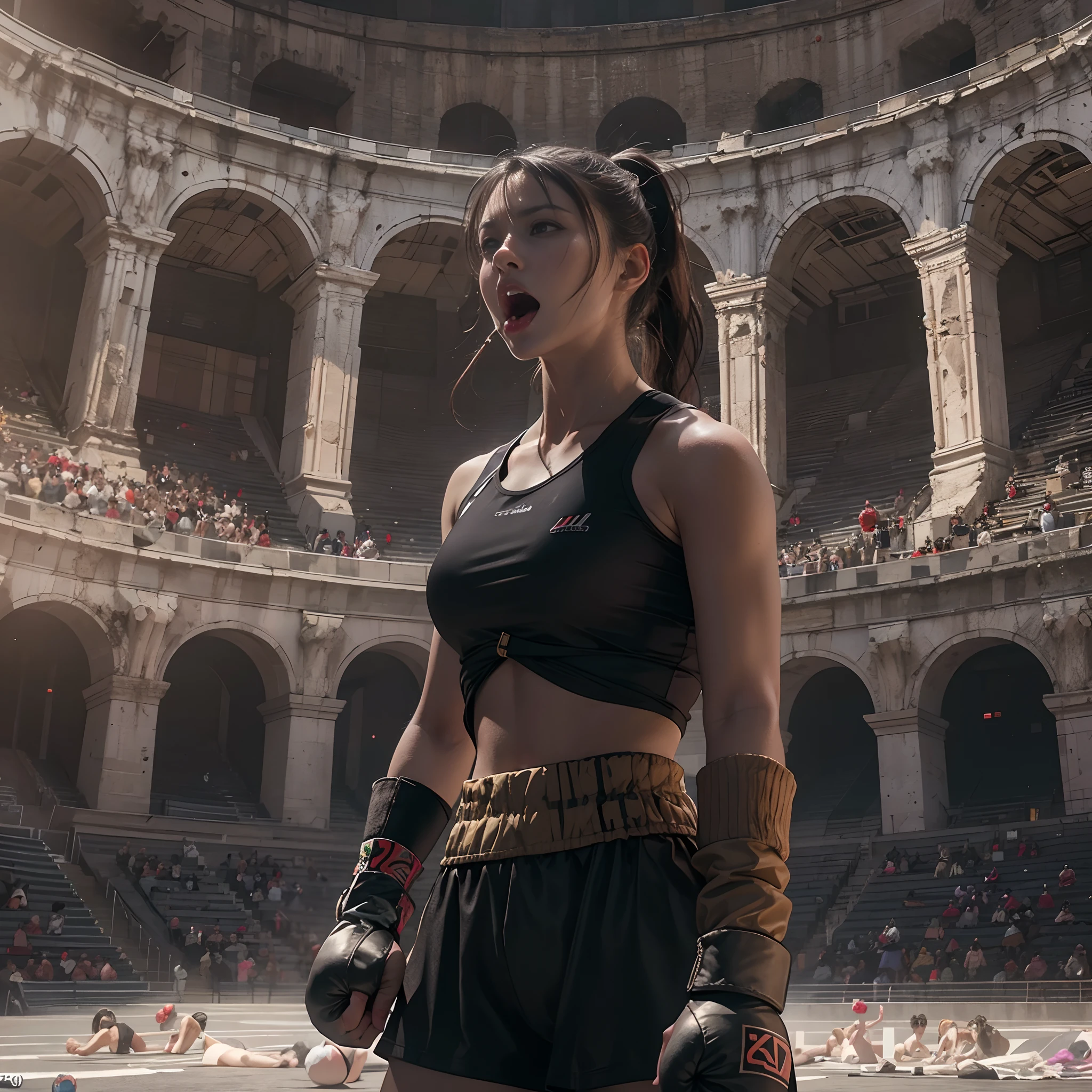 **render**: Capture in 8K, Intense moments of boxing at the Greek Colosseum. The Girl, Wearing athletic clothes, And her long black ponytail, Combined with her impeccable details, It is the center of the scene. When she launched a suppression attack, Her mouth opens wide with a scream.