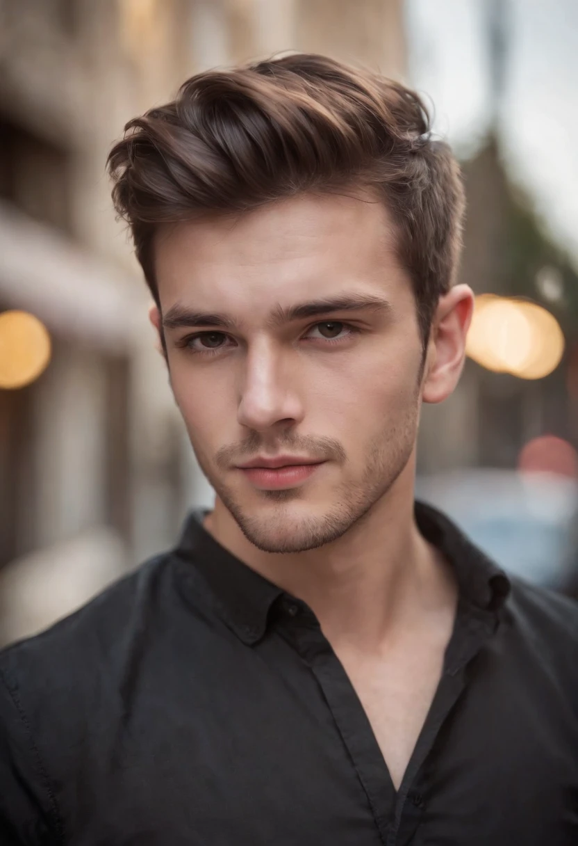 22 year old boy, caucasian, black shirt,messy quiff brown hairs style, square face shape, light beard, looking at camera, street photograpghy, straight possing, perfect lighting, deep shadow, best quality, masterpiece, ultra highres, photorealistic