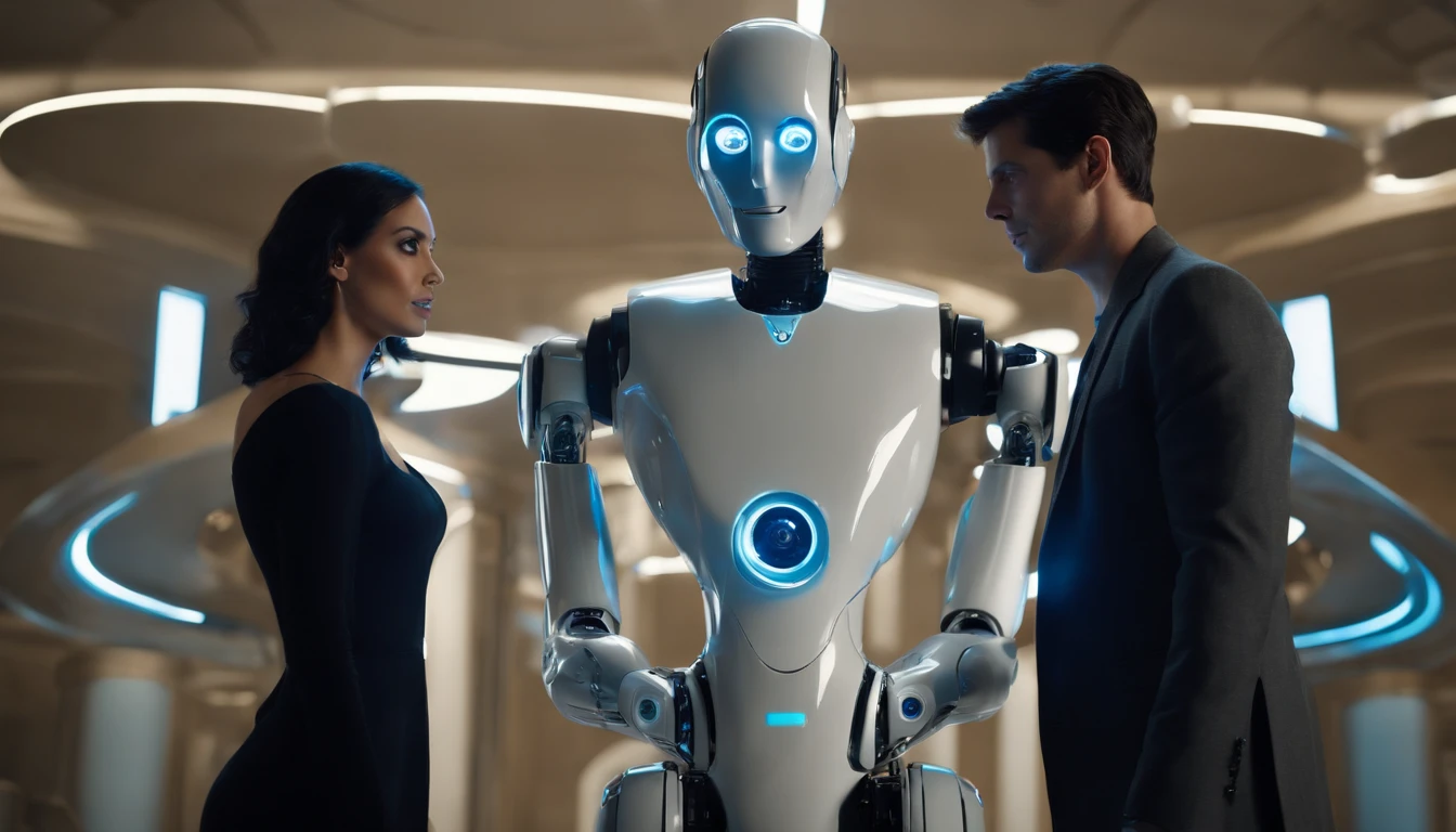 Sleek photos, Modern robot with glowing blue eyes and black hair human male, Two people standing side by side in a bright room, Engage in deep conversations. Robot hand gestures mimic human-like facial expressions、Humans listen intently.