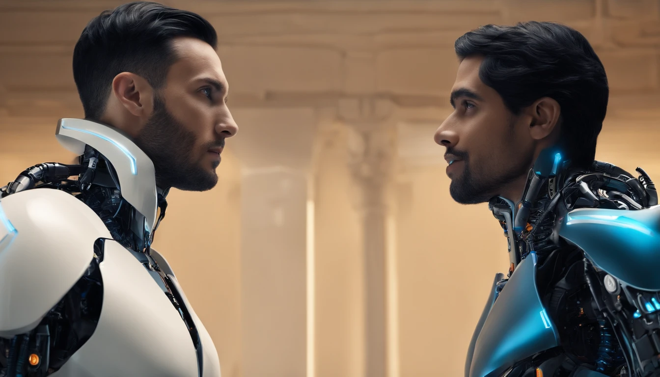 Sleek photos, Modern robot with glowing blue eyes and black hair human male, Two people standing side by side in a bright room, Engage in deep conversations. Robot hand gestures mimic human-like facial expressions、Humans listen intently.