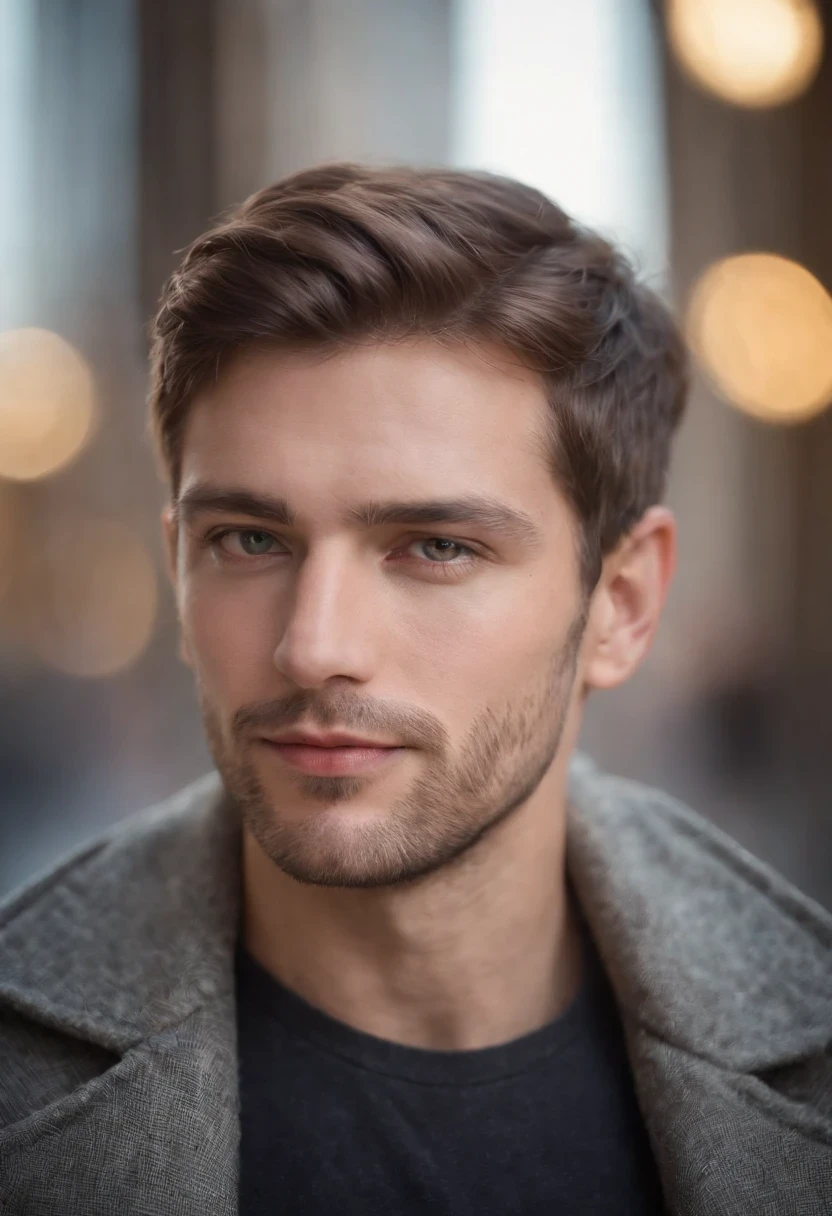 Portrait photo of a beautiful male photo of the whole body, Des yeux parfaits, Porter un manteau mecha minable, ((Light Bokeh)), complexe, (steel metal [se reposer]), elegant, mise au point nette, photo par Greg Rutkovsky, softlighting, couleurs vives, Masterpiece, (rue)), Detailed realistic face, Gros plan du visage