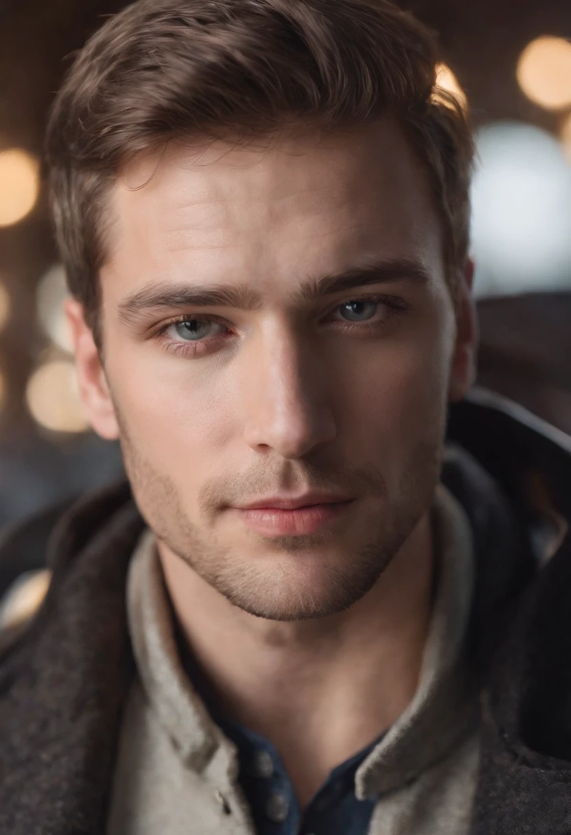Portrait photo of a beautiful male photo of the whole body, Des yeux parfaits, Porter un manteau mecha minable, ((Light Bokeh)), complexe, (steel metal [se reposer]), elegant, mise au point nette, photo par Greg Rutkovsky, softlighting, couleurs vives, Masterpiece, (rue)), Detailed realistic face, Gros plan du visage