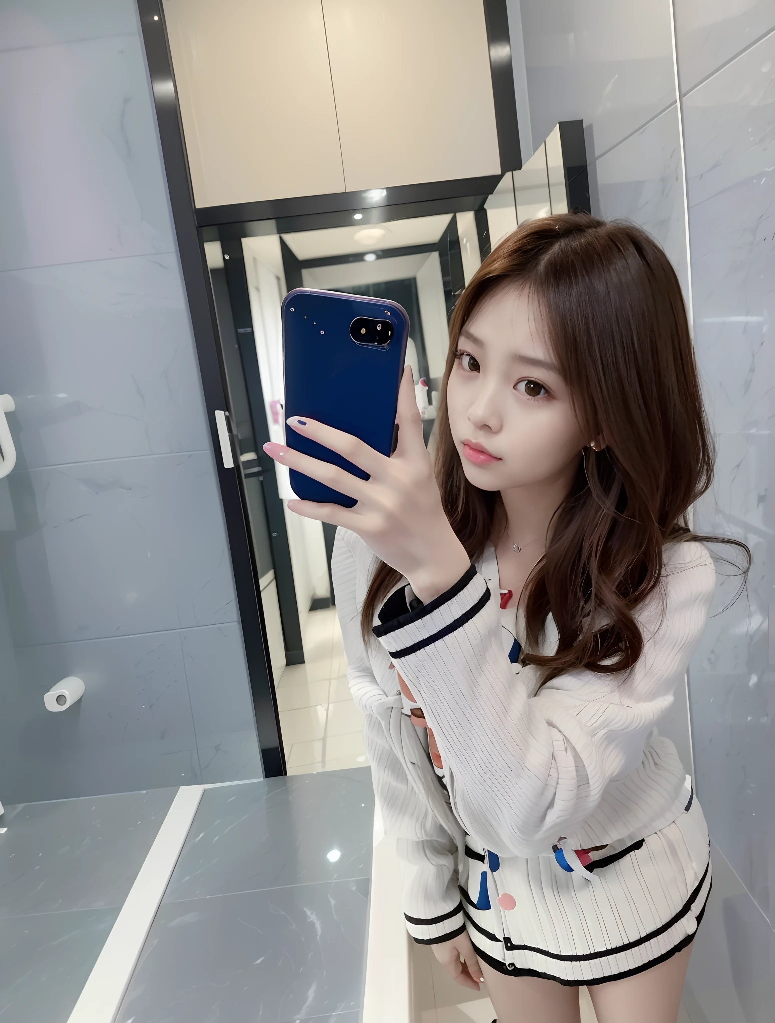 there is a woman taking a selfie in a bathroom mirror, 8k selfie photograph, she is holding a smartphone, ulzzangs, selfie of a young woman, blackpink jennie, tzuyu from twice, Shot on Canon EOS R 6, jaeyeon nam, Choi Hyun-hwa, iphone selfie, taken with sony alpha 9, smartphone photo