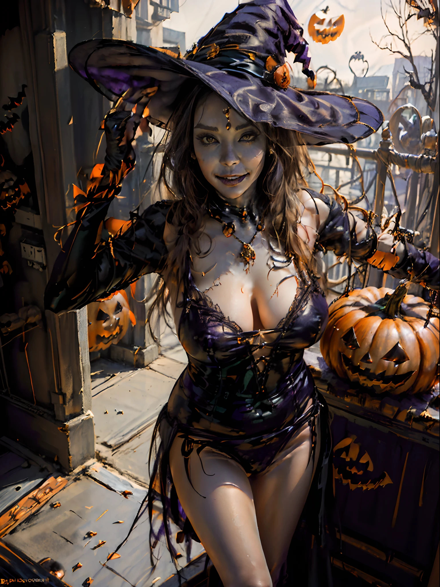 (halloween night:1.5),(Sexy Witch:1.2),(Seductive charm:1.2),(moonlit sky:1.1),(Festive celebrations:1.1),(gigantic cleavage breasts),(Beautuful Women),(Evil laughter),Look at the camera,Take the pumpkin,Standing in the doorway