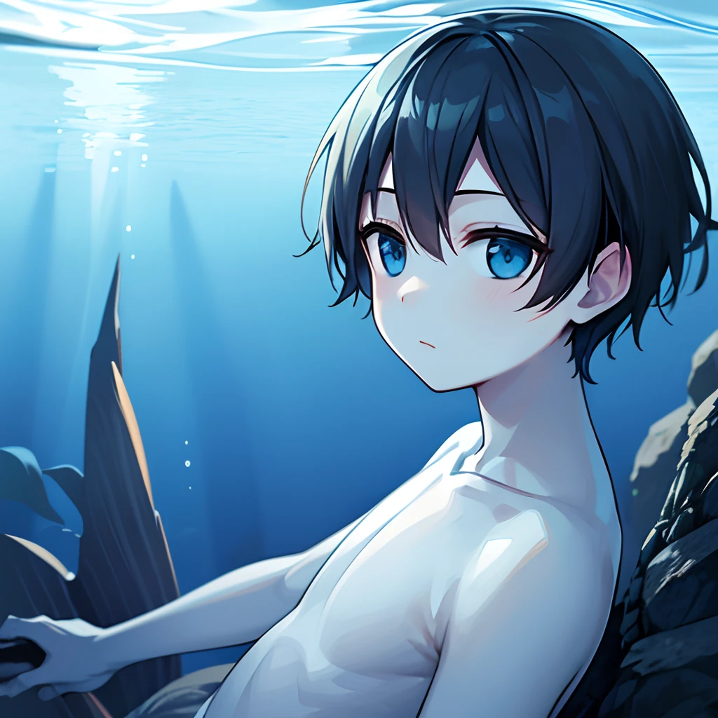 Underwater, younge boy, afloat, expressionless, wide eyes, perspective, textured skin, ccurate, super detail, best quality, retina