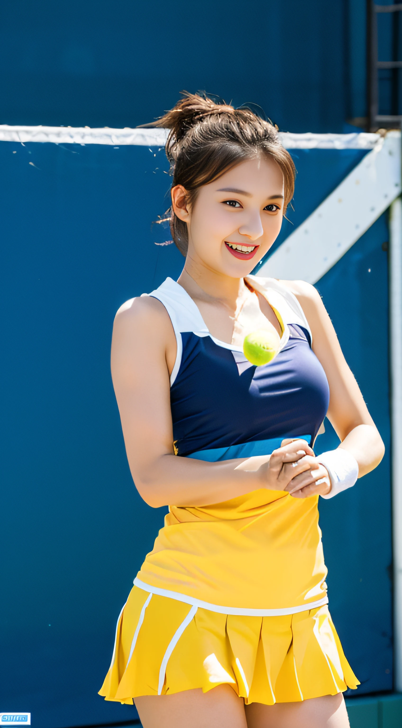 ulzzang -6500-v1.1, (Raw foto:1.2), (Photorealistic:1.4), Beautiful detailed girl, very detailed eyes and face, Beautiful detailed eyes, Laughter, large full breasts, A highly detailed, high resolucion, Very detailed, Best Quality, tmasterpiece, (((Thinning tennis wear))), Illustration, Very detailed, Realistic tennis courts, Fine details, Best Quality, Very granular, Uniform 8K , light on the face, Cinematic lighting, 1girll, 18 years-old, ((No bra)), ((Dynamic Pose)), (camel toes), (Precise fingers), (Realistic tennis racket, Tennis balls), Tall beauties, ((Splintered breasts, The areol))