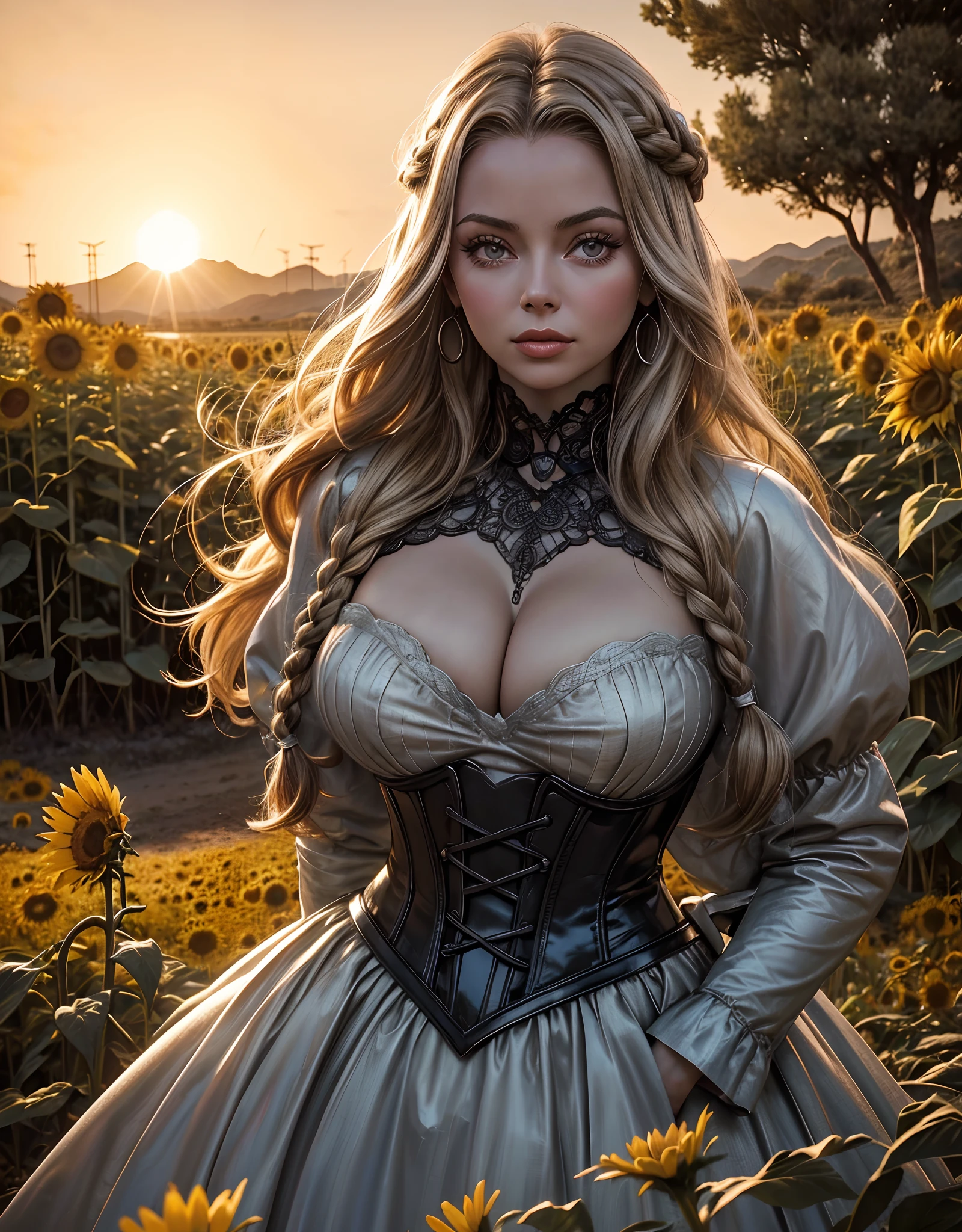 Woman in a sunflower field(( barefoot)),era medieval, por do sol ao fundo , raios de sol no rosto, Standing body, vestindo gothic corset sexy de couro,(retrato do corpo:1.5), Photography Appearance, (( ann margret em viva las vegas)), flor de cerejeira no cabelo , olhando para o espectador, raios solares do por do sol atravessando os galhos de arvores ao fundo, ( short hair with braids, olhos grandes e brilhantes, sem maquiagem , seios gigante , quadril gigante , no hands), ((rosto detalhado:1.5)), ((detailedfacialfeatures)), (pele fina detalhada), pale skinned, (cor fria), reflexo, (Fotos realistas), (detalhes detalhados) mola a 50mm, F/2.8, HDR, (40k),cinematic lighthing), (foco nítido) , fotografia ,.RAW, fotografia , fotografia gigachade, 40k UHD, DSLR, de alta qualidade, grain movie, Fujifilm XT3, Film Stock Photo 4 Kodak Portra 400 Camera F1.6 Cores Ricas Lentes Texturas Ultrarrealistas, (( laura vandervoort)) ,