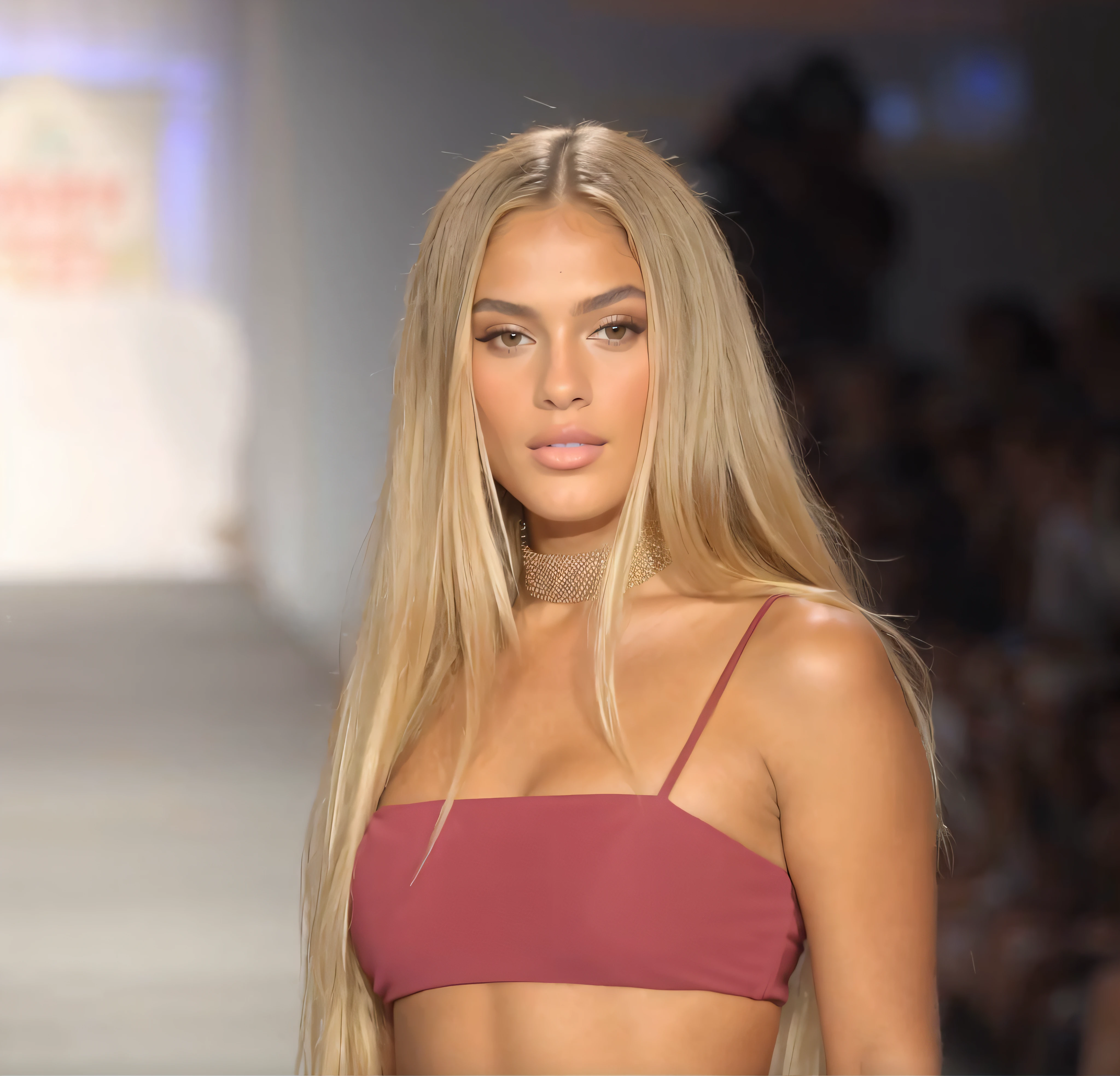 a close up of a woman in a bikini on a runway, bikini model, gorgeous young model, absurdly long blonde hair, sexy girl with long blonde hair, 2 4 year old female model, extremely long thick blond hair, blonde goddess, on the runway, beautiful female model, beautiful model, fashion model, gorgeous bikini model, glamorous runway model