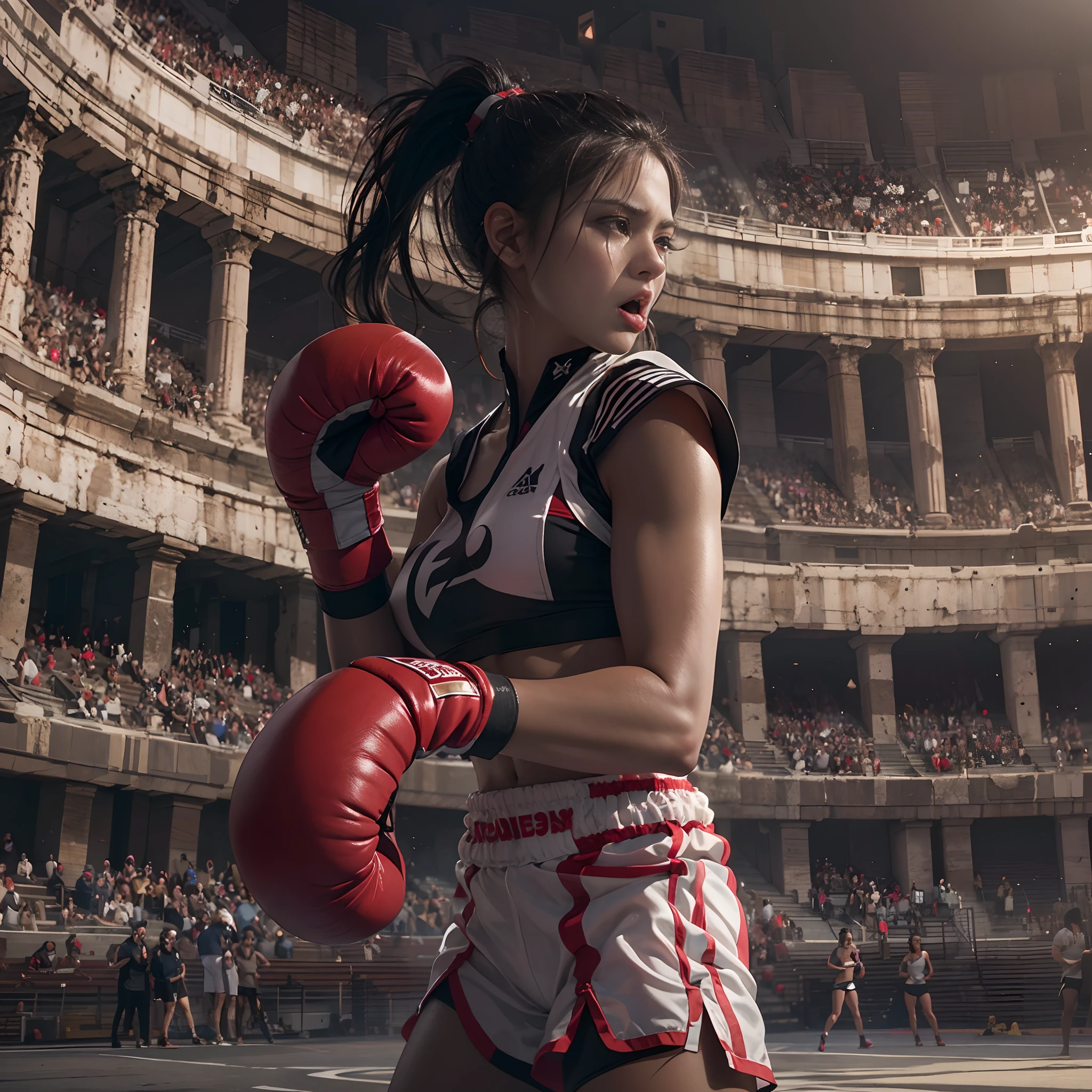 **render**: Capture in 8K, Intense moments of boxing at the Greek Colosseum. The Girl, Wearing athletic clothes, And her long black ponytail, Combined with her impeccable details, It is the center of the scene. When she launched a suppression attack, Her mouth opens wide with a scream.