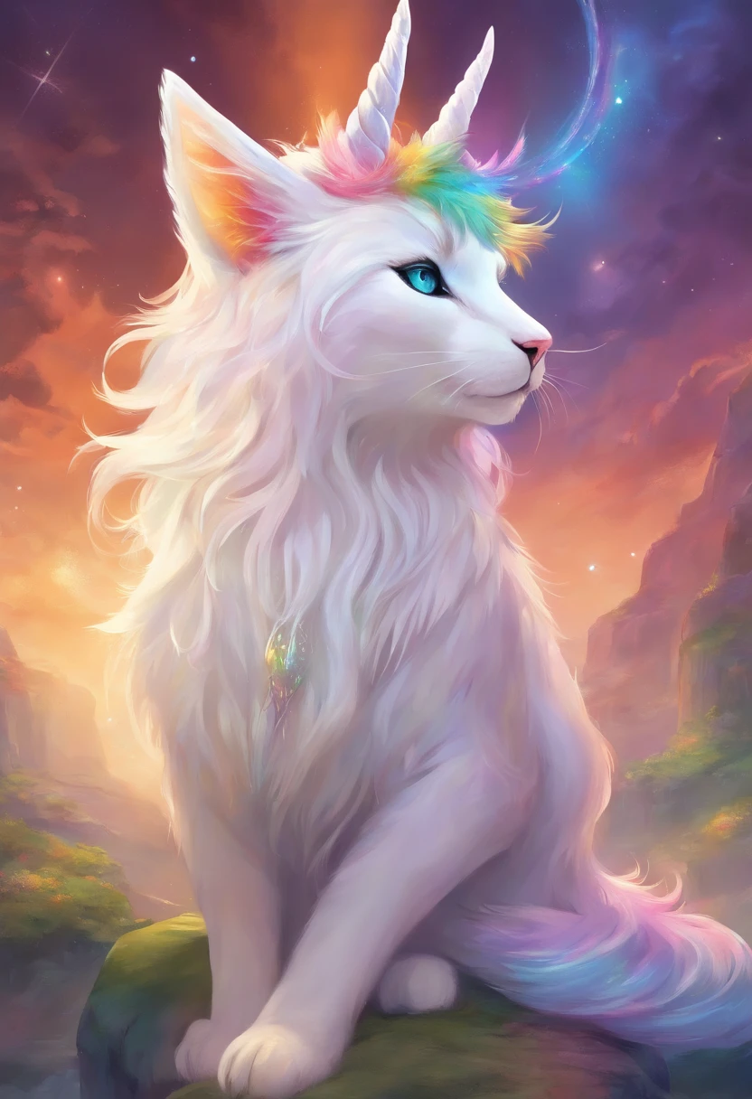She is a cute white and rainbow furry KEMONO cat with long rainbow hair and a unicorn horn she is thick and naked and has white thin fur over her body