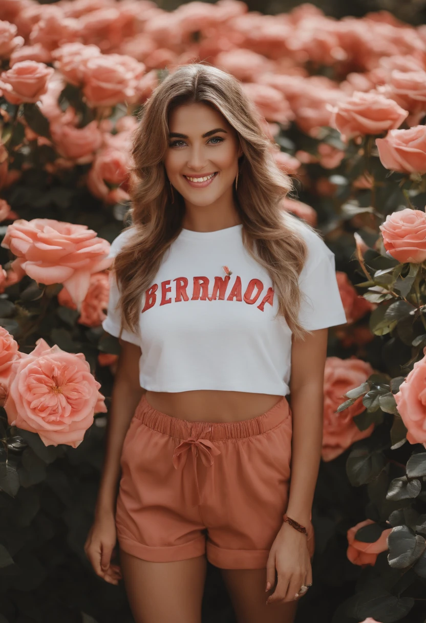 master part, uma menina bonita jovem, sorridente, looking at the camera, Standing in front of a pile of roses, vestindo bermuda e camiseta, white sneakers. Vestindo um top e shorts, flor, Foto de corpo inteiro, Pose casual, pernas delgadas