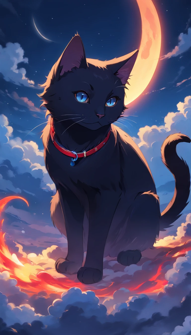best quality, 8k, a black cat with red collar, blue flames on parts of its body lying on a moon, clouds scene