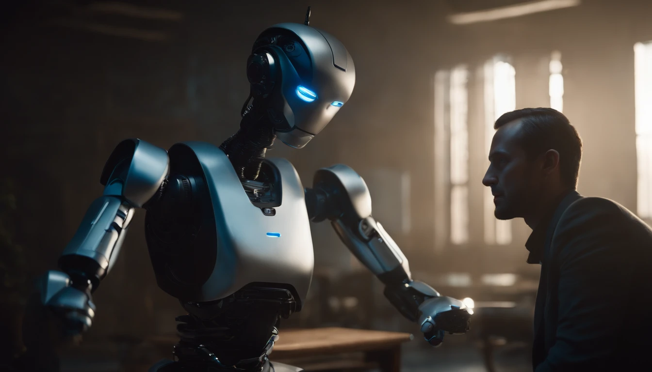 photo of a sleek, contemporary robot with radiant blue eyes conversing with a highly realistic human male with dark hair. They are positioned side by side in a brightly illuminated room. The robot's hand movements are expressive, emulating human gestures, and the man is absorbed in the dialogue, showing keen interest.