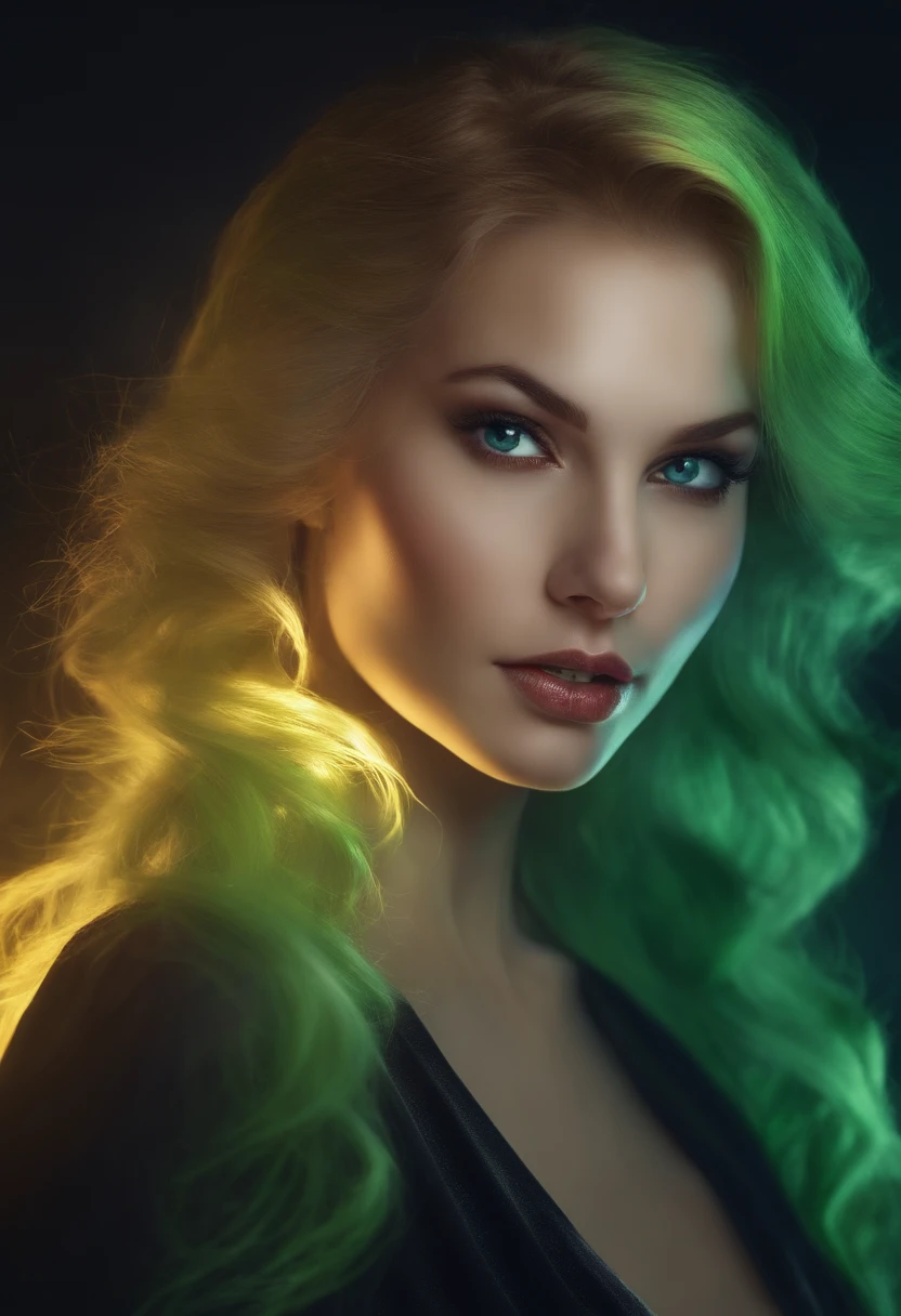 1fille, Cheveux lisses, yeux verts, sang sur le visage, Light particles, rayons de foudre, wallpaper, colourfull, high contrast, vampire, smirk, sourire diabolique, sourire psychopathe, Sourire psychopathe, tilted head
