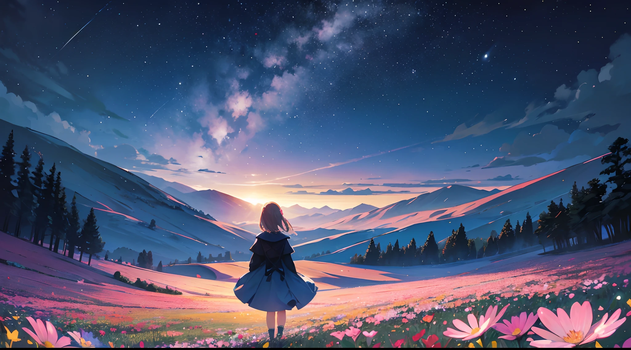 A girl stands on a flower field and looks at the sky, A  girl, standing on a flower field, A  girl, walking through a field of flowers, Lost in a fairytale wonderland, Standing in a field of flowers, Fantastic digital painting, The sky is gradually clearing, The starry sky is gradually receding