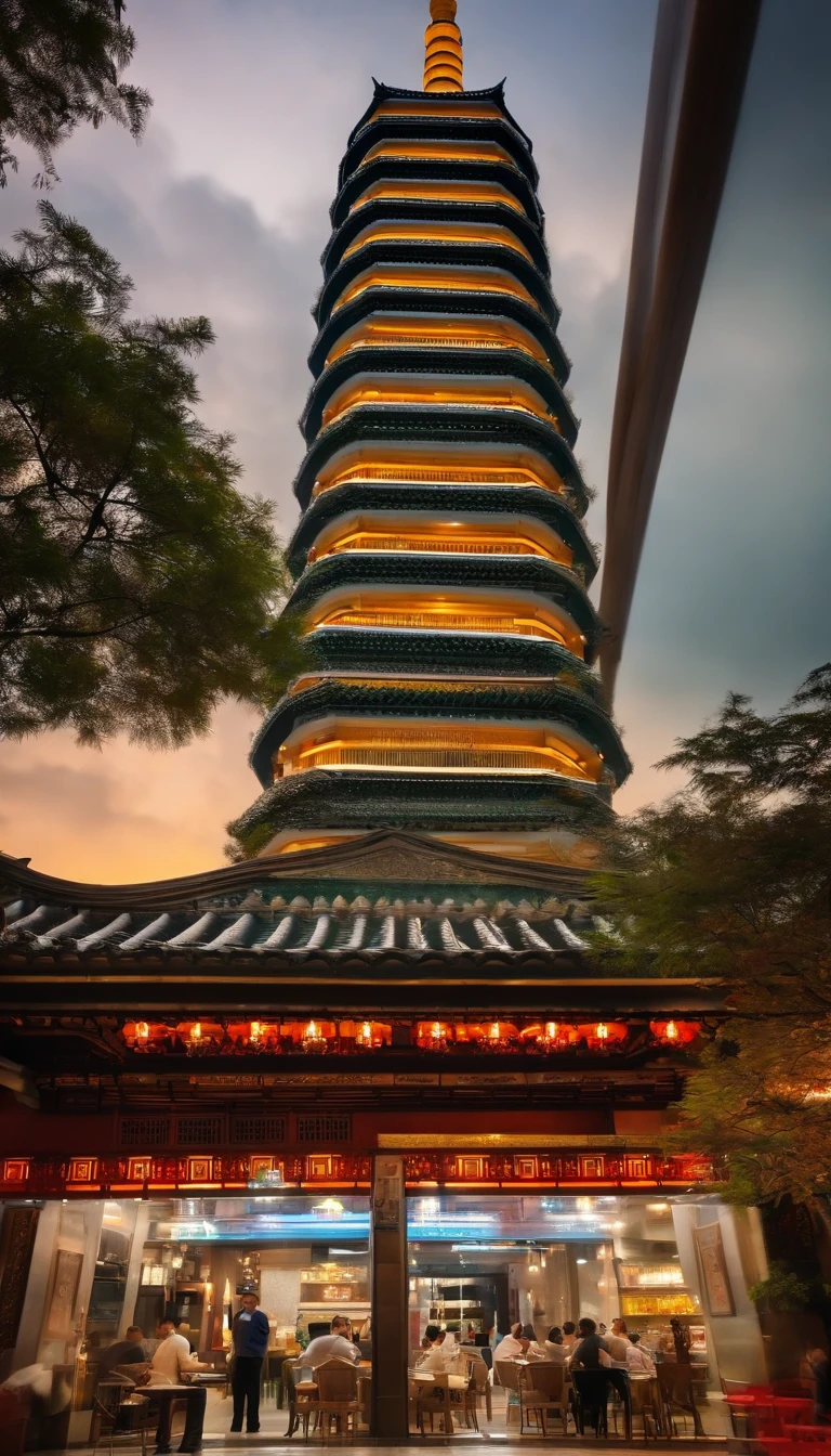 chinese restaurant, local food, and in backround taipei city, taipei 101, sky trains