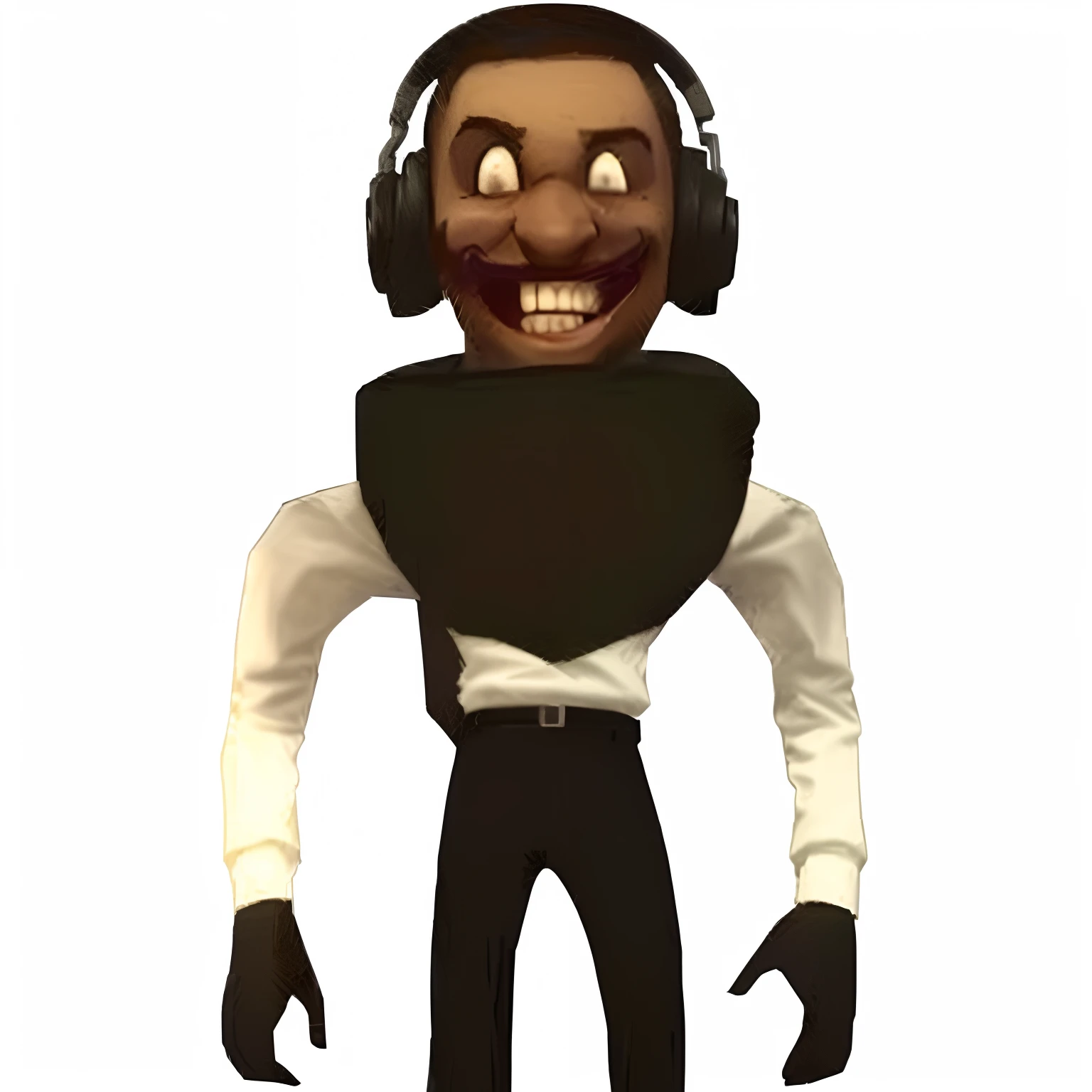 cartoon character with headphones and a black shirt, vinny from vinesauce, vinny vinesauce, jumpscare, evil standing smiling pose, horrifying :4, video game avatar, tf 2, tf2, animatronic, best jumpscare scene, roblox avatar, upper body avatar, gmod, videogame character, video game character, emote, /r/razer