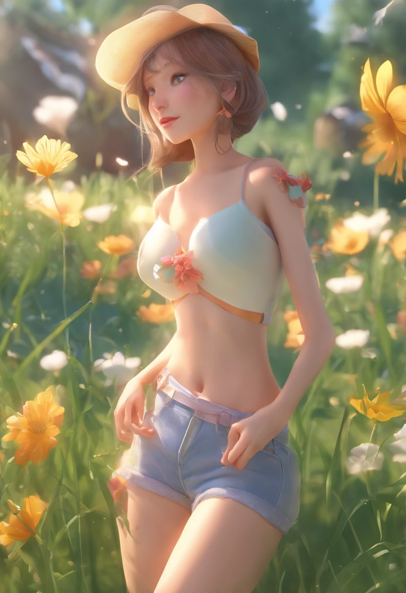 ultra-detailliert, tmasterpiece, topquality, hight resolution, High 8K Image Quality, Photogenic clarity, A detailed eye, gradients, perfect anatomy body proportions , NFFSV , nikon z9 80mm lens, petite girl, , Cyan eyes, Bright natural light, sunshine, Beautiful alignment and snow-white teeth, Smiling, Shows breasts on camera, little chest, The body shape of a slim model, Beautiful posture, Summer Outdoor Recreation, handsome girl, blonde woman, standing in the grass, Bright sun, flower field, Realistic, hair light, bare breast