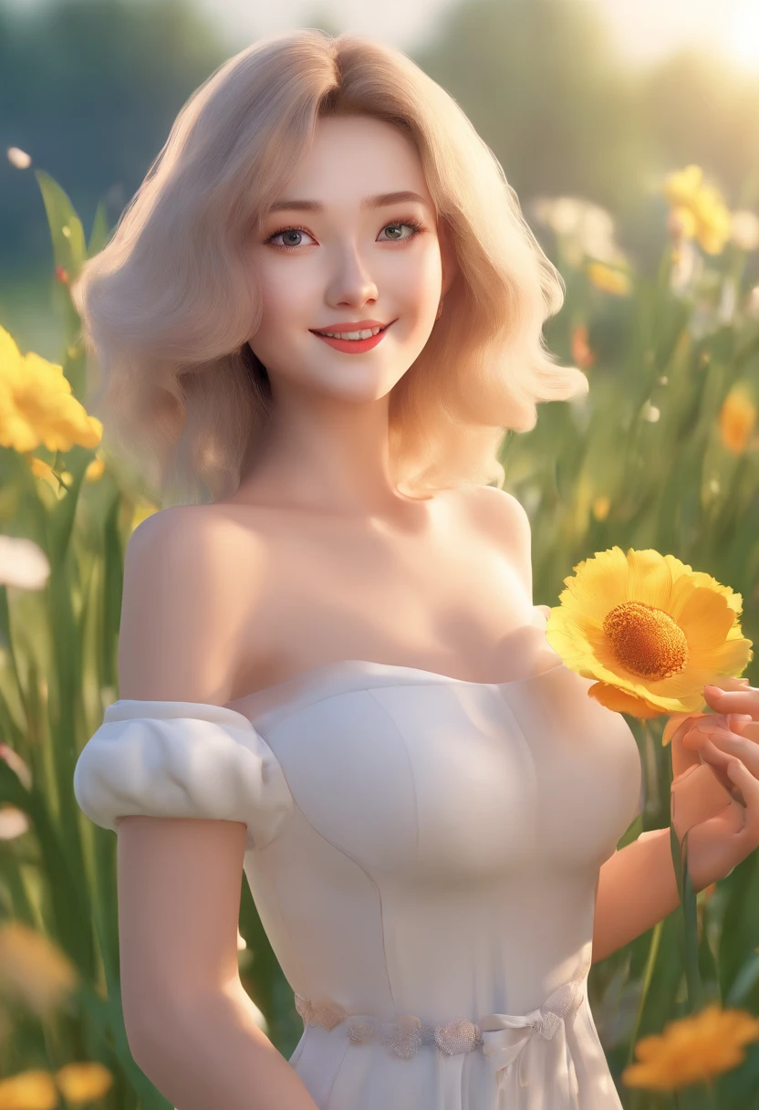 ultra-detailliert, tmasterpiece, topquality, hight resolution, High 8K Image Quality, Photogenic clarity, A detailed eye, gradients, perfect anatomy body proportions , NFFSV , nikon z9 80mm lens, petite girl, , Cyan eyes, Bright natural light, sunshine, Beautiful alignment and snow-white teeth, Smiling, Shows breasts on camera, little chest, The body shape of a slim model, Beautiful posture, Summer Outdoor Recreation, handsome girl, blonde woman, standing in the grass, Bright sun, flower field, Realistic, hair light, bare breast