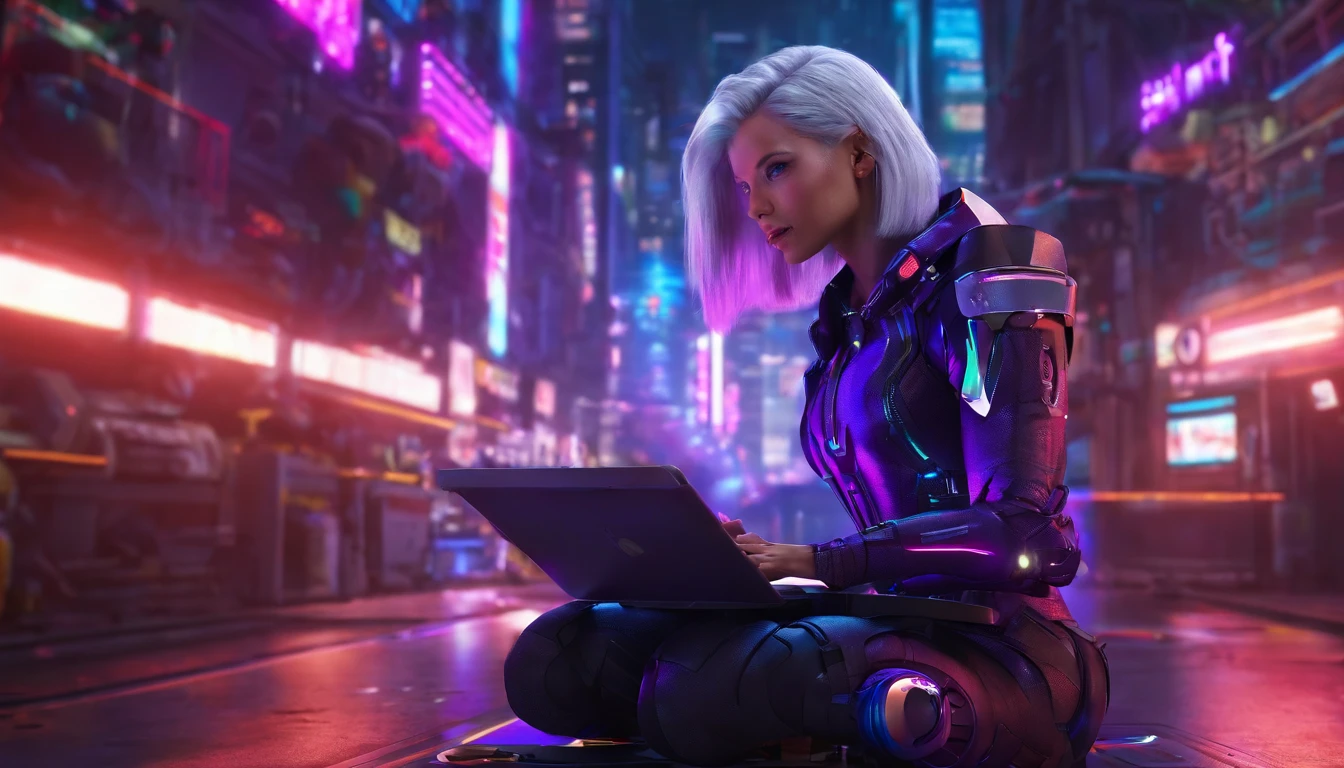 (woman researching on a computer), (silver straight hair bob cut), (purple sci fi armor suit with neon lights), (Sci fi background) (photoshoot), (Photorealistic:1.4), (1 female), (Detailed), (Hi-Res) (SFW)