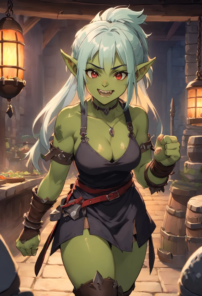 half-orc, Green skin, Female, Fantastic looks, rpg character, medieval fantasy, White hair, Red eyes, 1.90 height, muskateer, Half-body shot, the scars, ((Mohawk haircut)), Black boots, full bodyesbian ((full bodyesbian)), muscle body, Blacksmith apron, ((Black fantasy costume)), ((Dark green skin)), poison fangs, ((Open your mouth fangs)), ((High quality)), ((Full-fledged half-orcs)), ((Half a year))Big breasts that expose the，Sexy figure