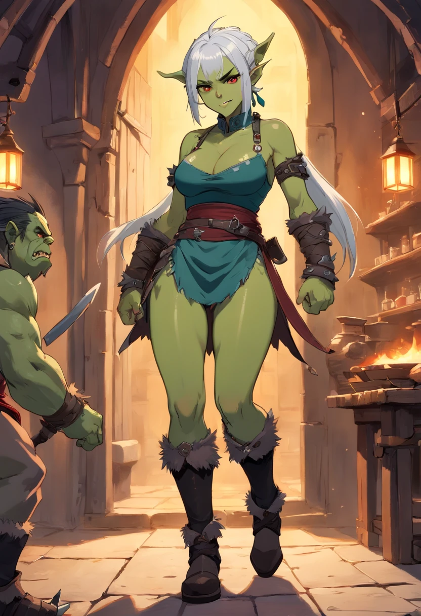half-orc, Green skin, Female, Fantastic looks, rpg character, medieval fantasy, White hair, Red eyes, 1.90 height, muskateer, Half-body shot, the scars, ((Mohawk haircut)), Black boots, full bodyesbian ((full bodyesbian)), muscle body, Blacksmith apron, ((Black fantasy costume)), ((Dark green skin)), poison fangs, ((Open your mouth fangs)), ((High quality)), ((Full-fledged half-orcs)), ((Half a year))Big breasts that expose the,Sexy figure
