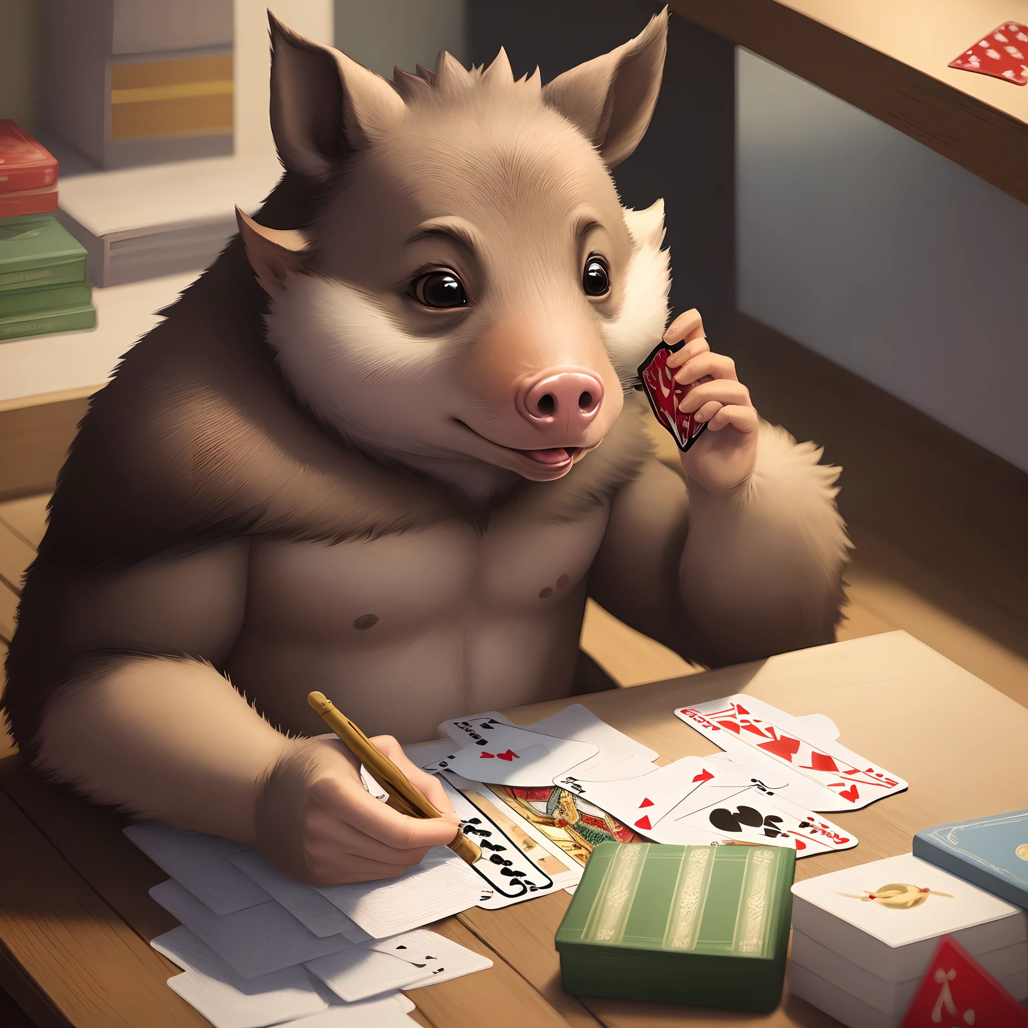 Um porco jogando cartas