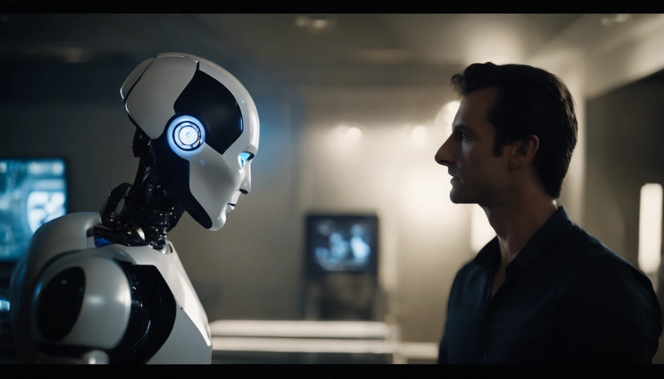 Sleek photos, A modern robot with glowing blue eyes、Conversing with a very realistic human man with black hair. They are arranged side by side in a brightly lit room. The hand movements of the robot are expressive, Emulate human gestures, And the man will be carried away by dialogue, Show strong interest.