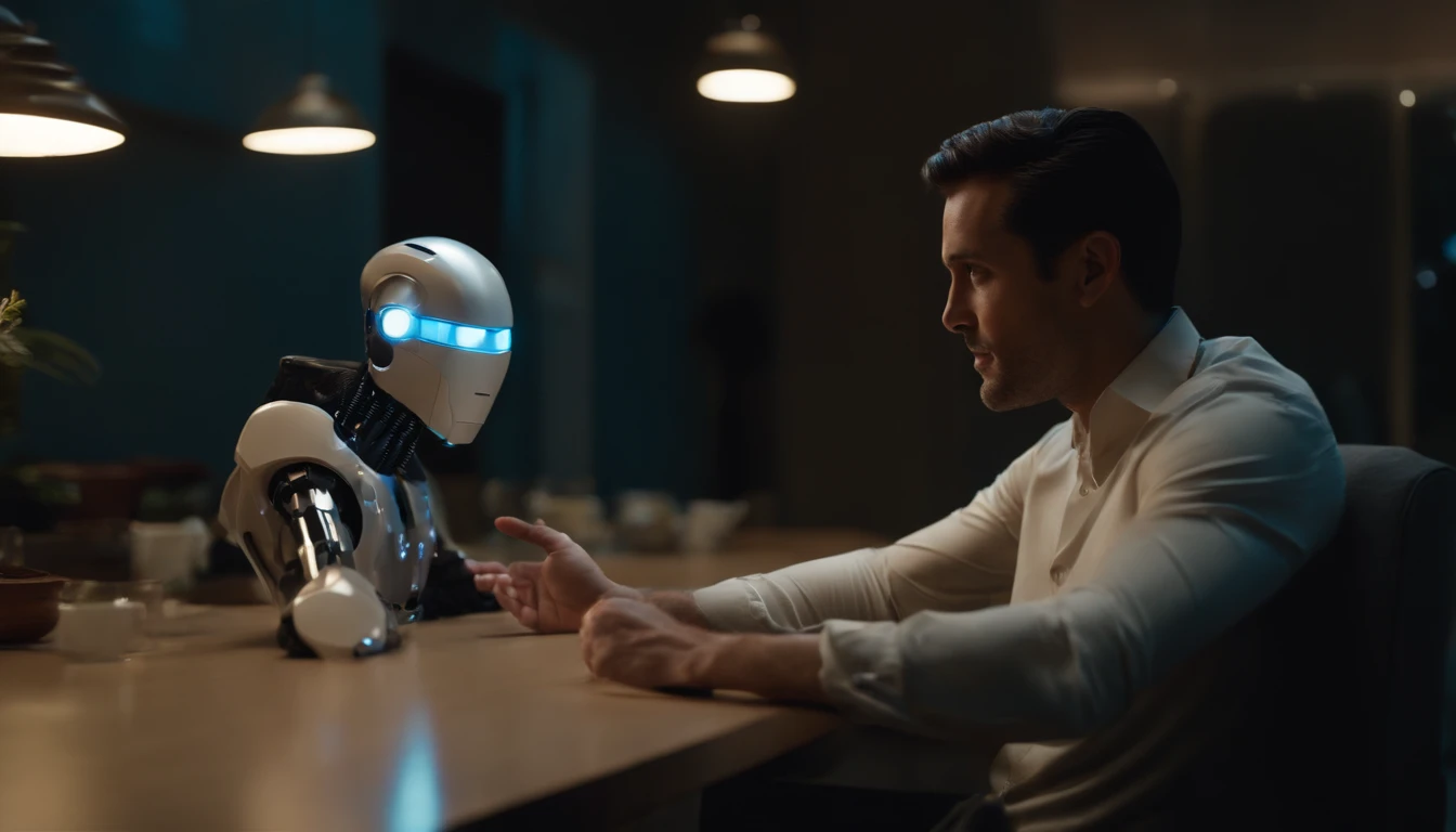 Sleek photos, A modern robot with glowing blue eyes、Conversing with a very realistic human man with black hair. They are arranged side by side in a brightly lit room. The hand movements of the robot are expressive, Emulate human gestures, And the man will be carried away by dialogue, Show strong interest.