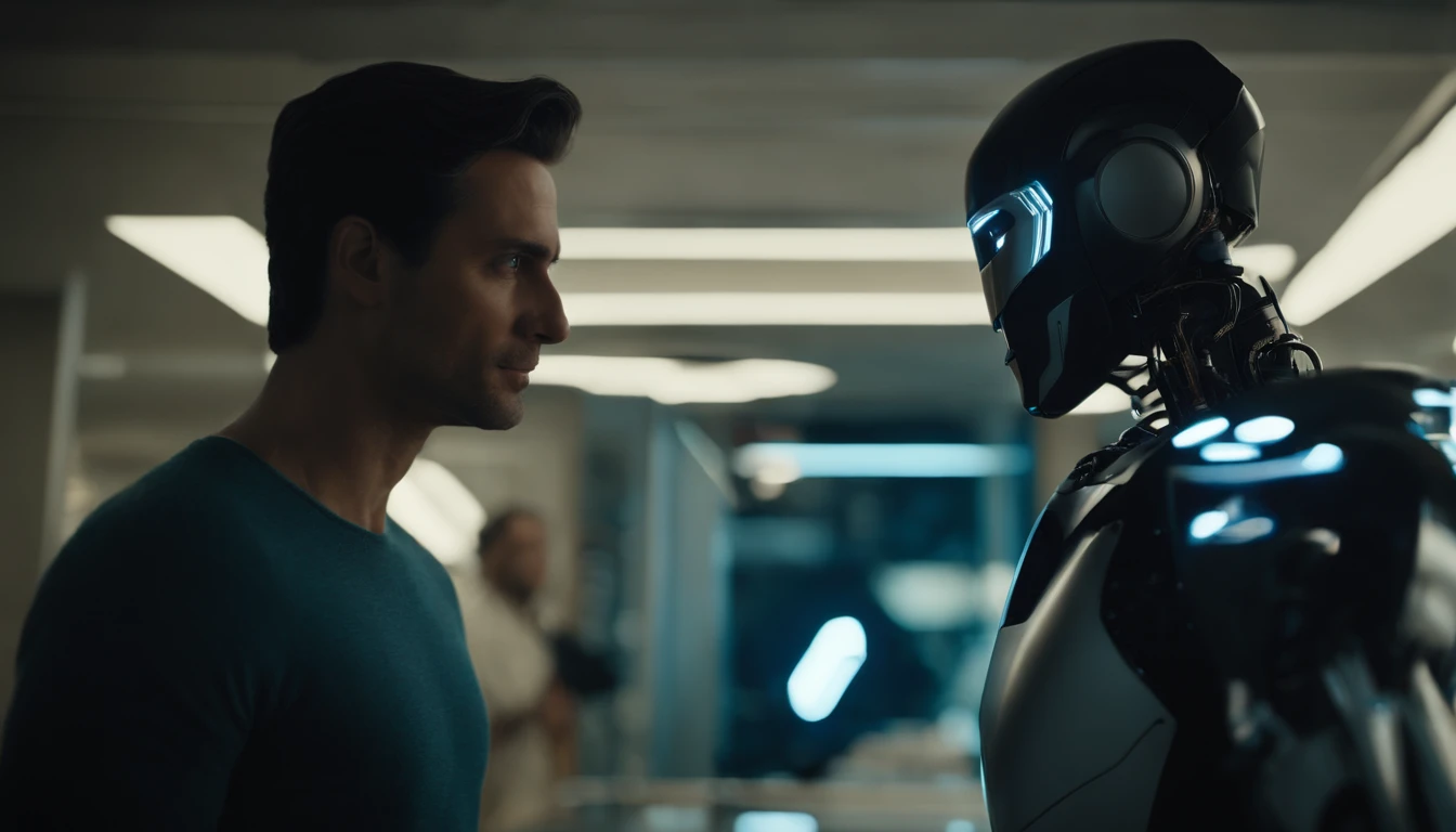Sleek photos, A modern robot with glowing blue eyes、Conversing with a very realistic human man with black hair. They are arranged side by side in a brightly lit room. The hand movements of the robot are expressive, Emulate human gestures, And the man will be carried away by dialogue, Show strong interest.