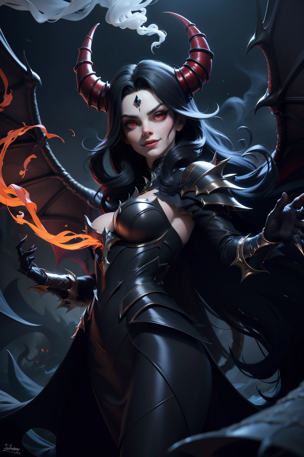 (best quality,4k,8k,highres,masterpiece:1.2),demonic,royal,powerful,dark,beautiful,crown,red eyes,black wings,metallic armor,long flowing hair,evil smile,devilish horns,thorny vines wrapping around her,spooky atmosphere,gloomy background,haunting,ethereal,mythological,portrait art,high contrast,dramatic lighting,wisps of smoke,symbol of authority,menacing aura,commanding presence,majestic,otherworldly,transcendent,gothic,sharp fangs,fierce gaze,magic spells,ominous shadows