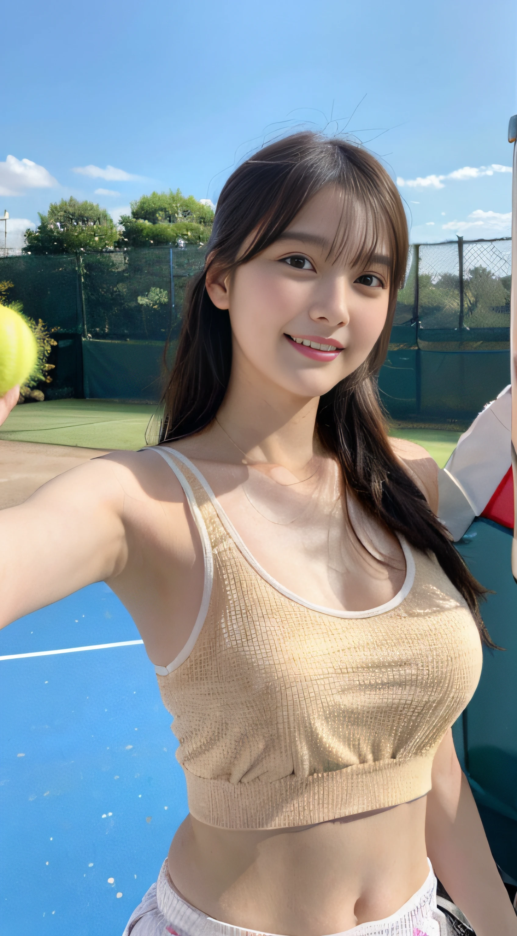 ulzzang -6500-v1.1, (Raw foto:1.2), (Photorealistic:1.4), Beautiful detailed girl, very detailed eyes and face, Beautiful detailed eyes, Laughter, large full breasts, A highly detailed, high resolucion, Very detailed, Best Quality, tmasterpiece, (((tanktop, Cotton shirt))), Illustration, Very detailed, Realistic tennis courts, Fine details, Best Quality, Very granular, Uniform 8K , light on the face, Cinematic lighting, 1girll, 18 years-old, ((No bra)), ((Dynamic Pose)), (camel toes), (Precise fingers), (Realistic tennis racket, Tennis balls), Tall beauties, ((Splintered breasts, The areol))((brassiere))Bra Top